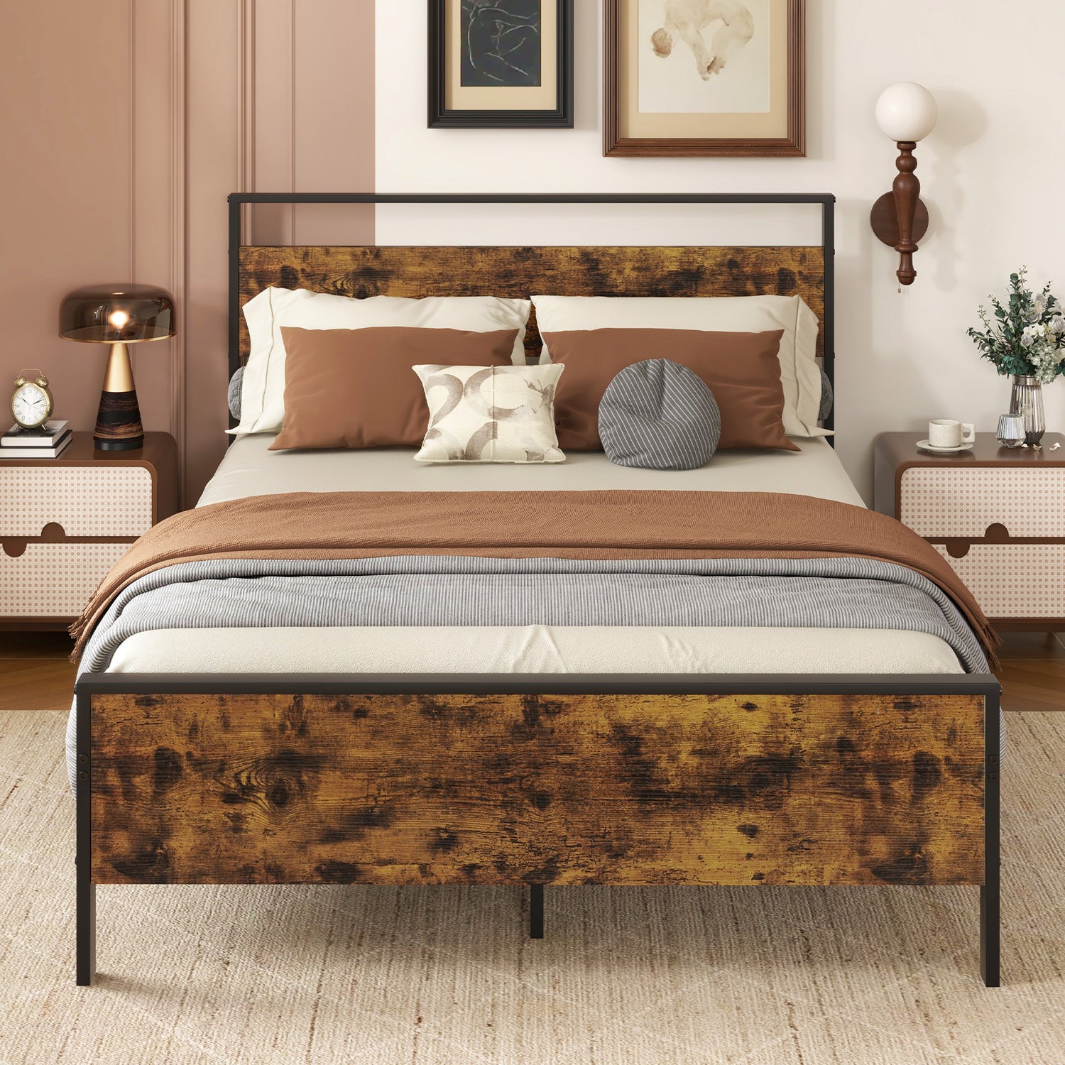Twin Metal Bed Frame Industrial Platform Bed with Wooden Headboard