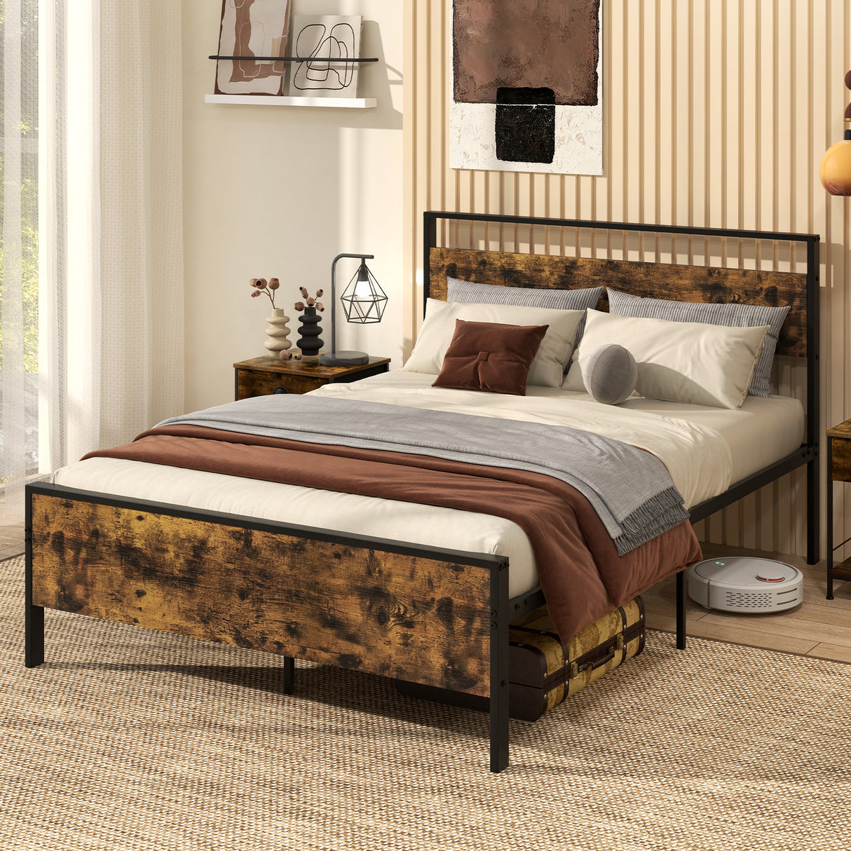 Twin Metal Bed Frame Industrial Platform Bed with Wooden Headboard