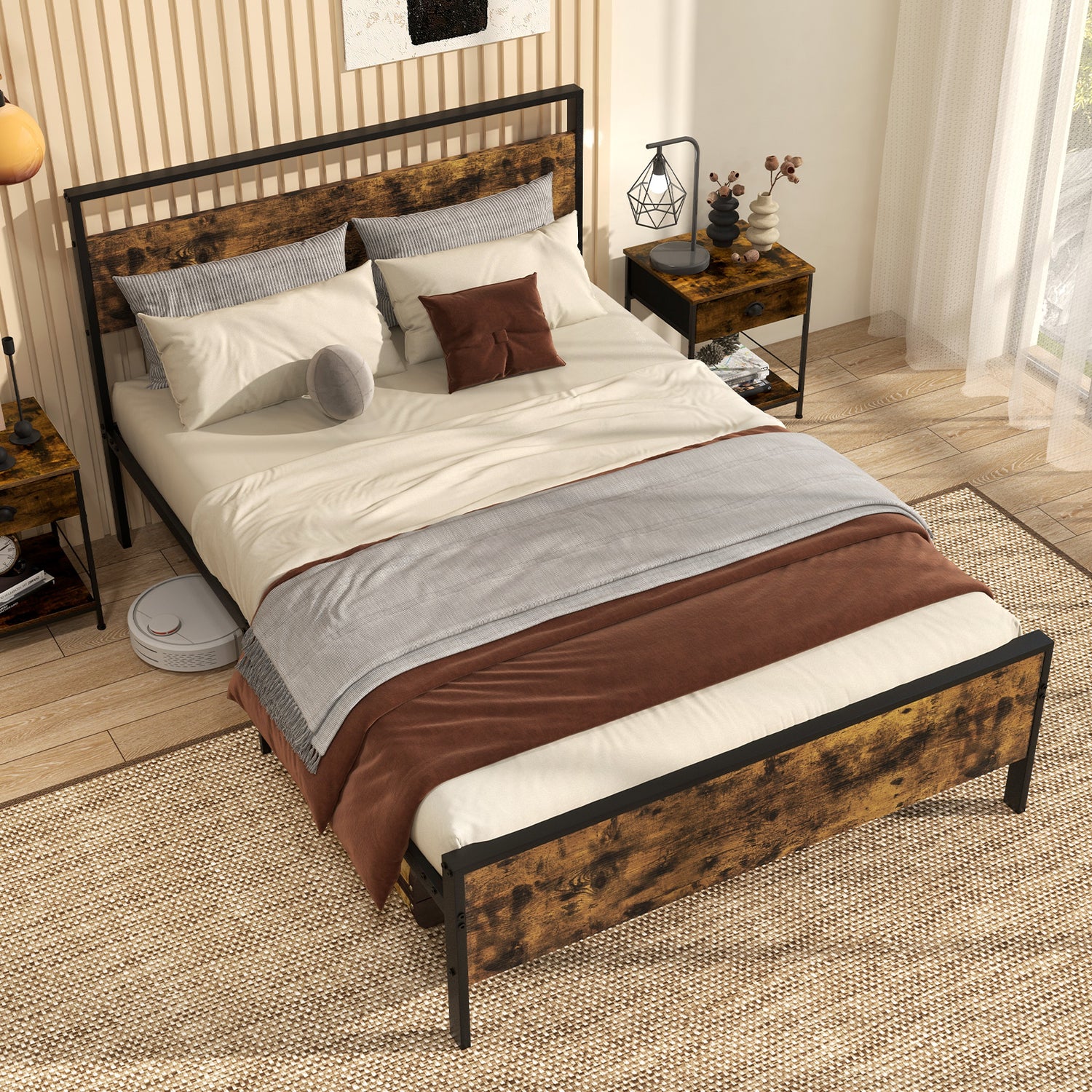 Twin Metal Bed Frame Industrial Platform Bed with Wooden Headboard