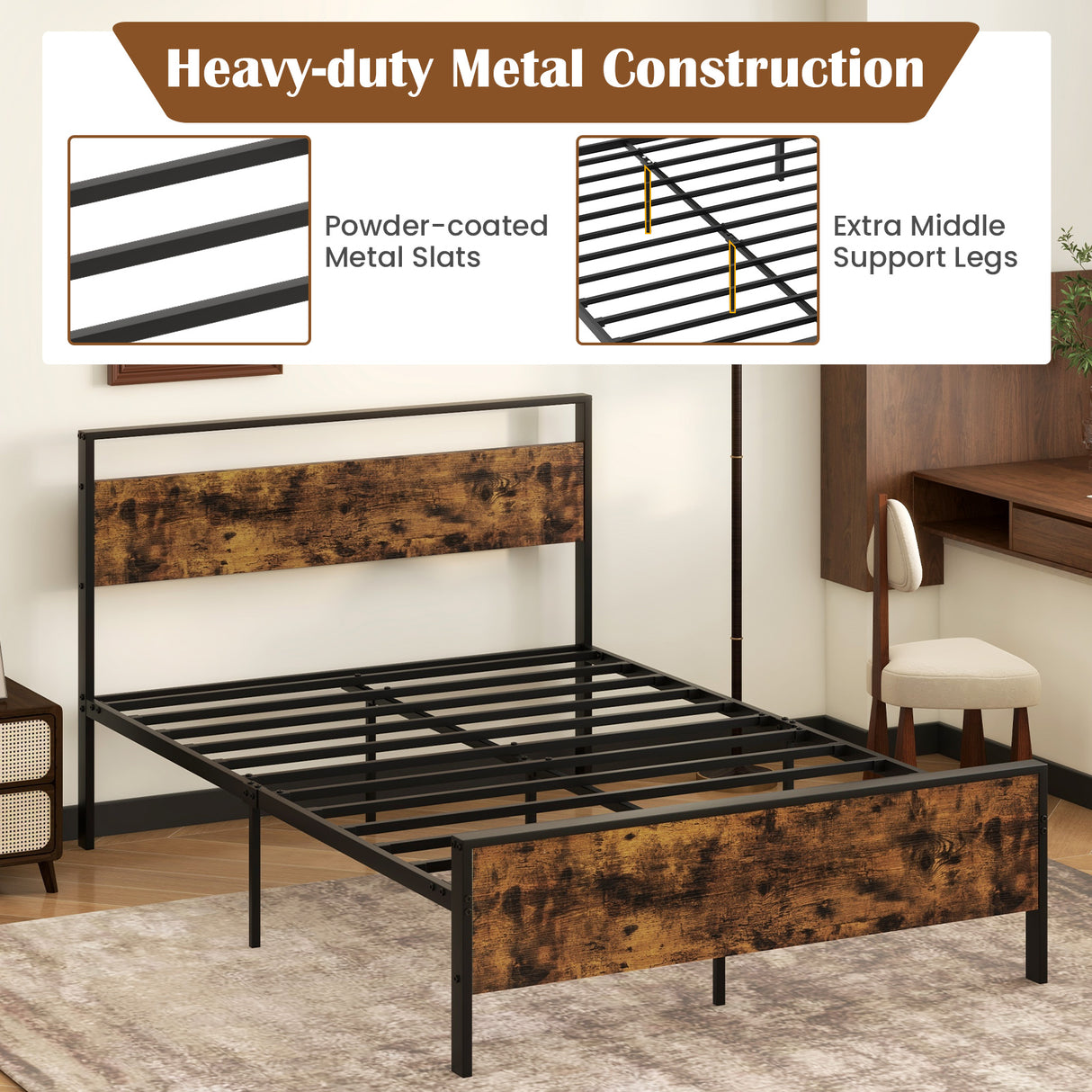 Twin Metal Bed Frame Industrial Platform Bed with Wooden Headboard