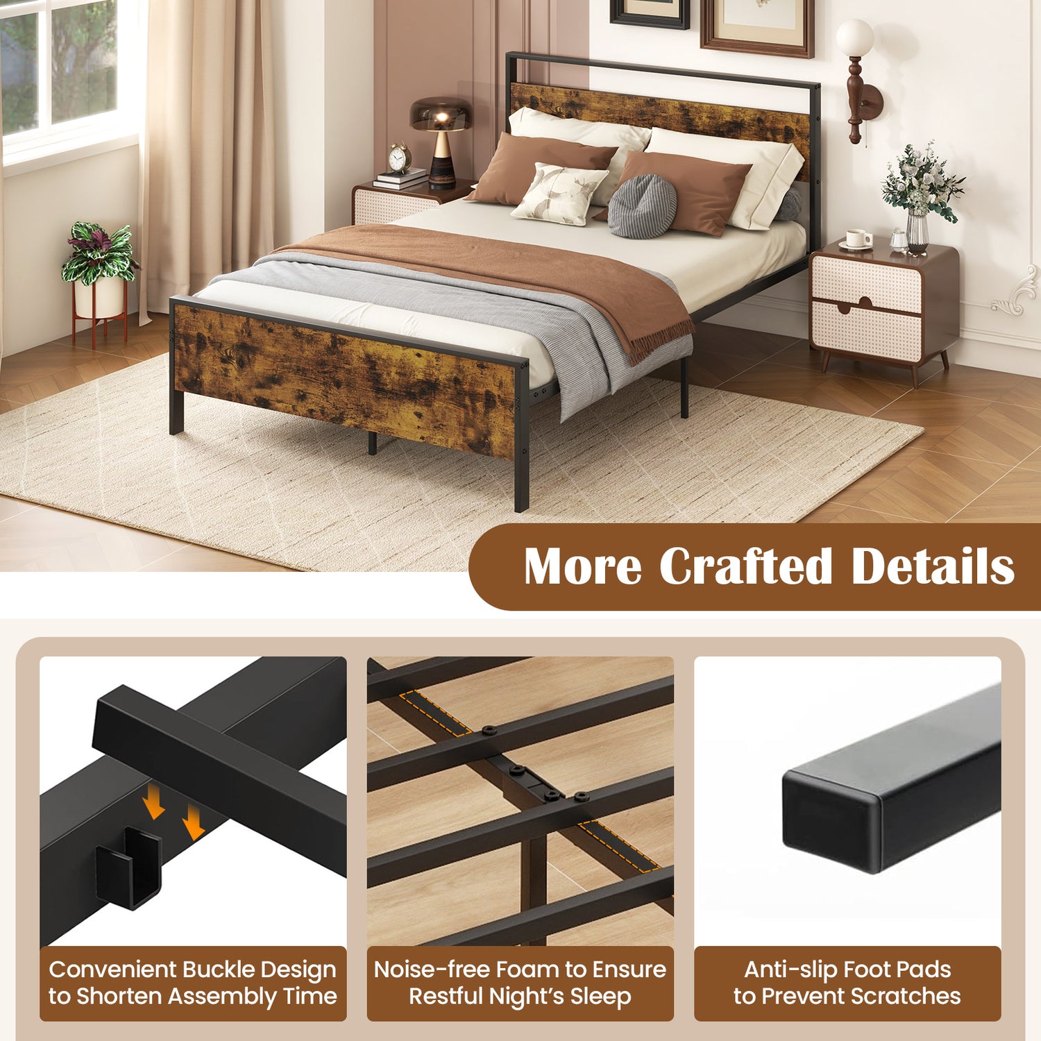 Twin Metal Bed Frame Industrial Platform Bed with Wooden Headboard