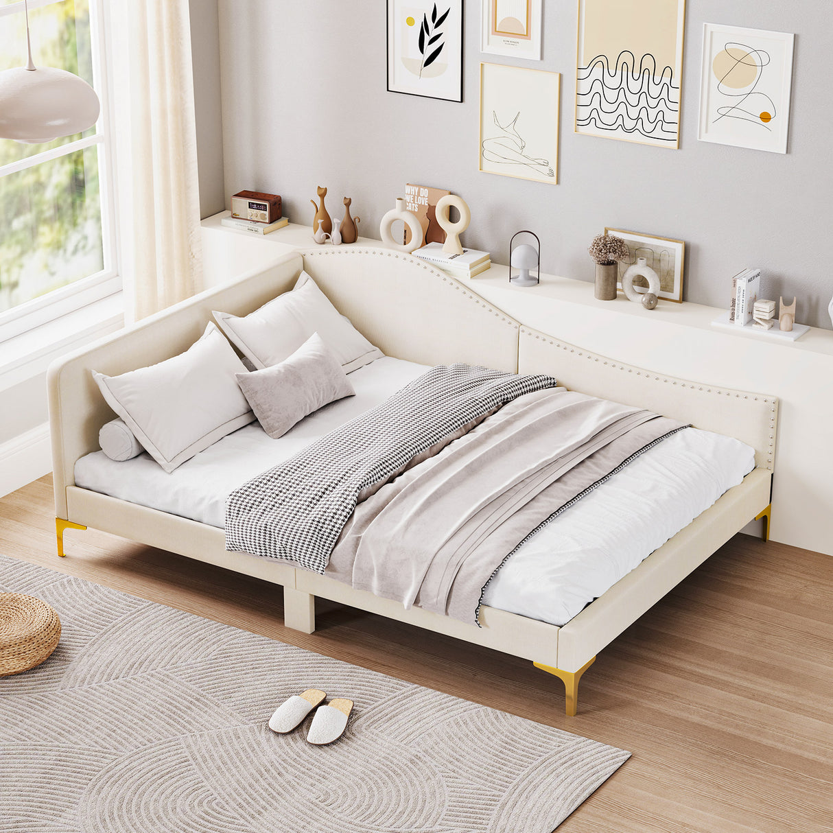 Full/Twin Size Upholstered Daybed with Metal Legs and Wood Slats