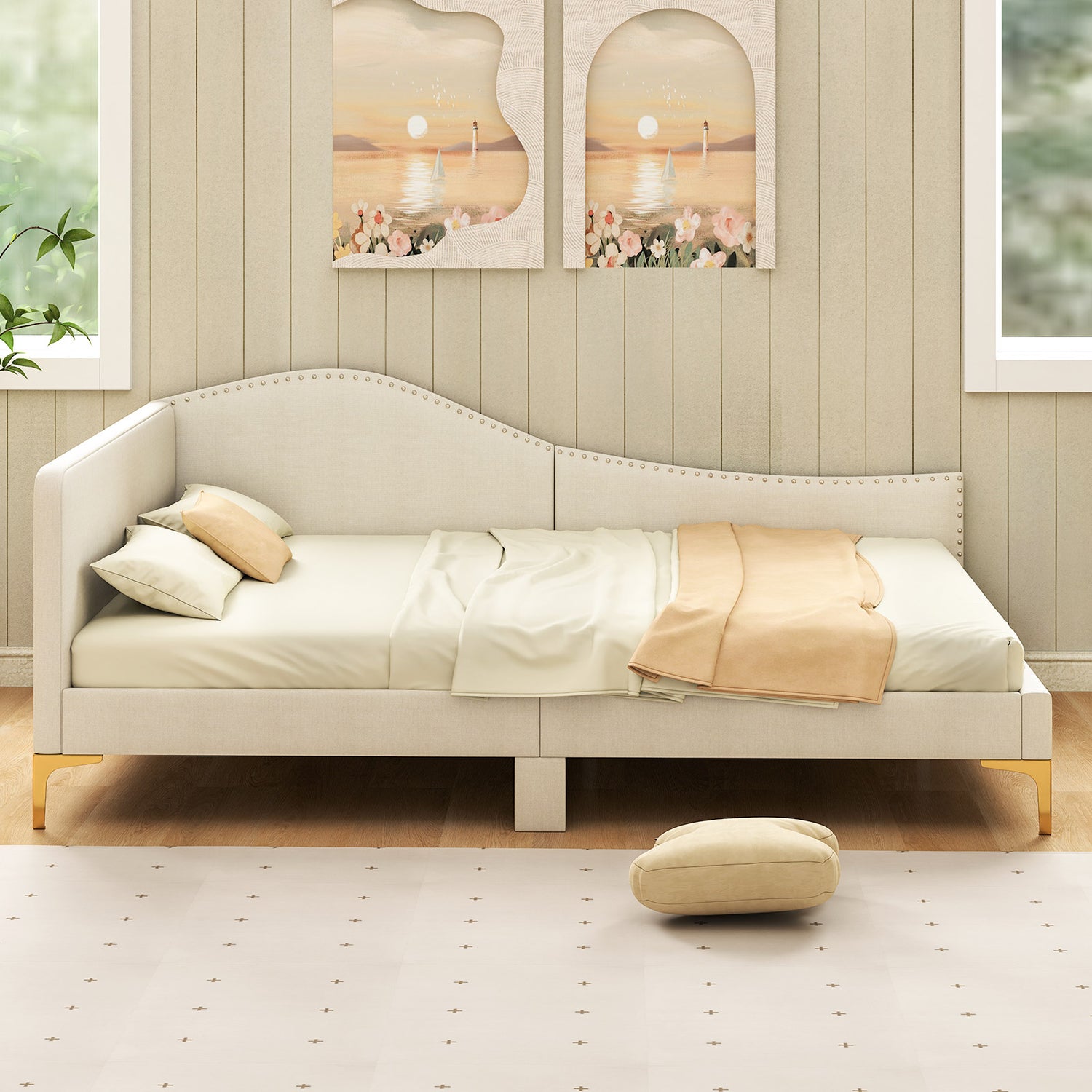 Full/Twin Size Upholstered Daybed with Metal Legs and Wood Slats