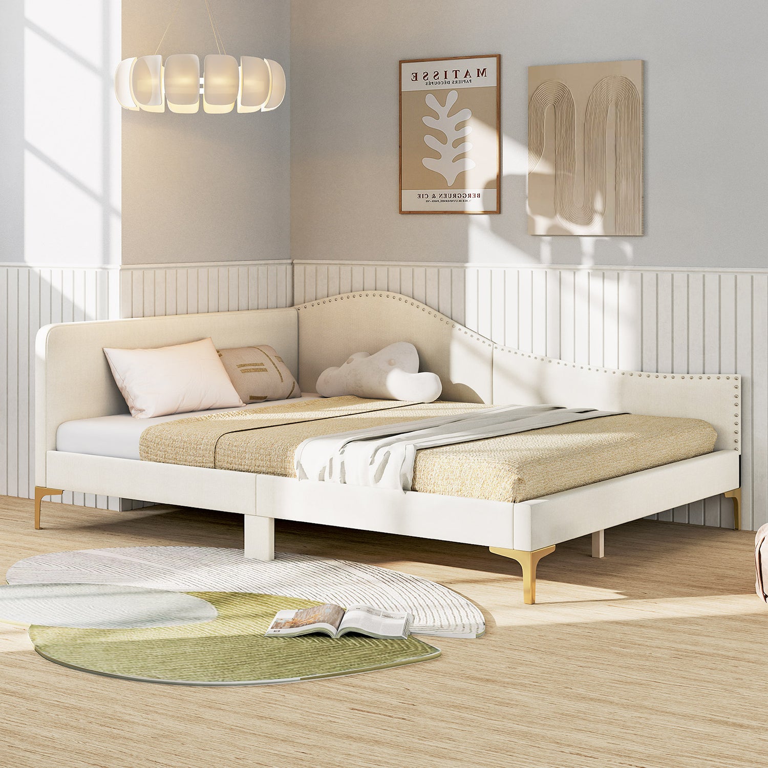 Full/Twin Size Upholstered Daybed with Metal Legs and Wood Slats