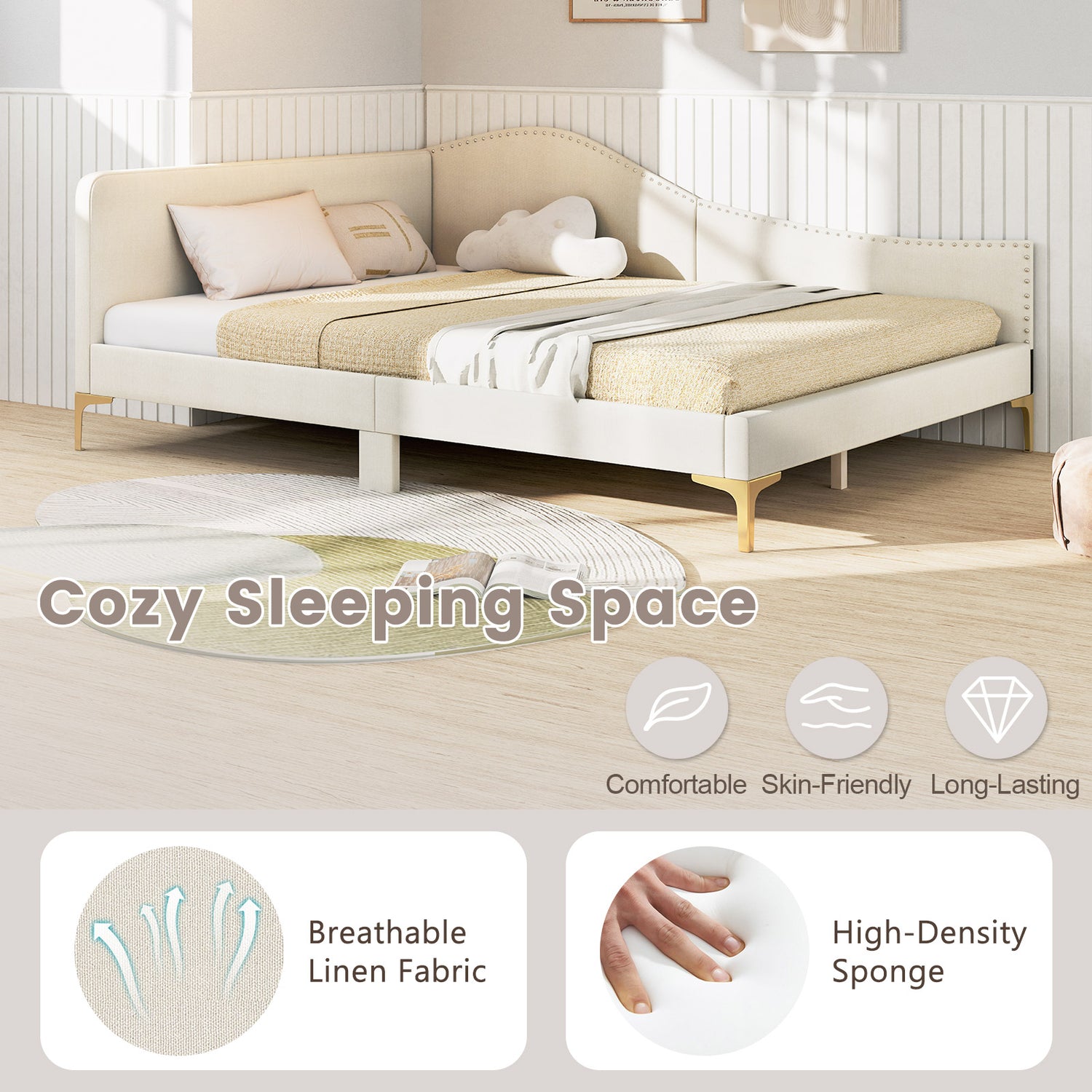 Full/Twin Size Upholstered Daybed with Metal Legs and Wood Slats