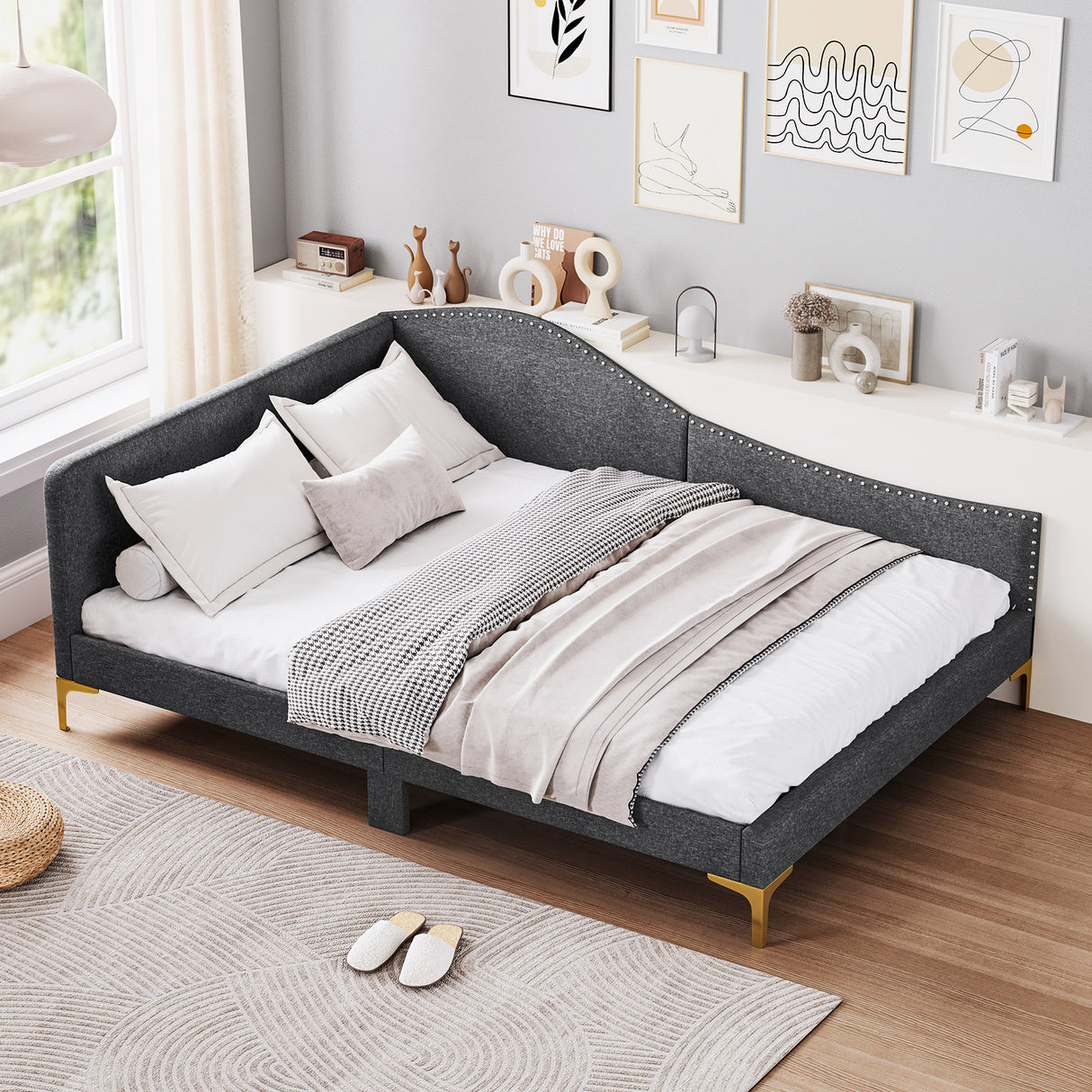 Full/Twin Size Rivet-Tufted Platform Bed with Metal Legs and Wood Slats