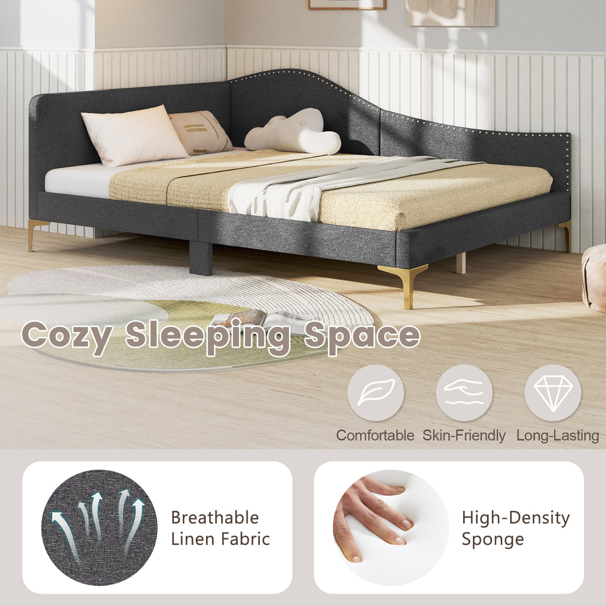 Full/Twin Size Rivet-Tufted Platform Bed with Metal Legs and Wood Slats
