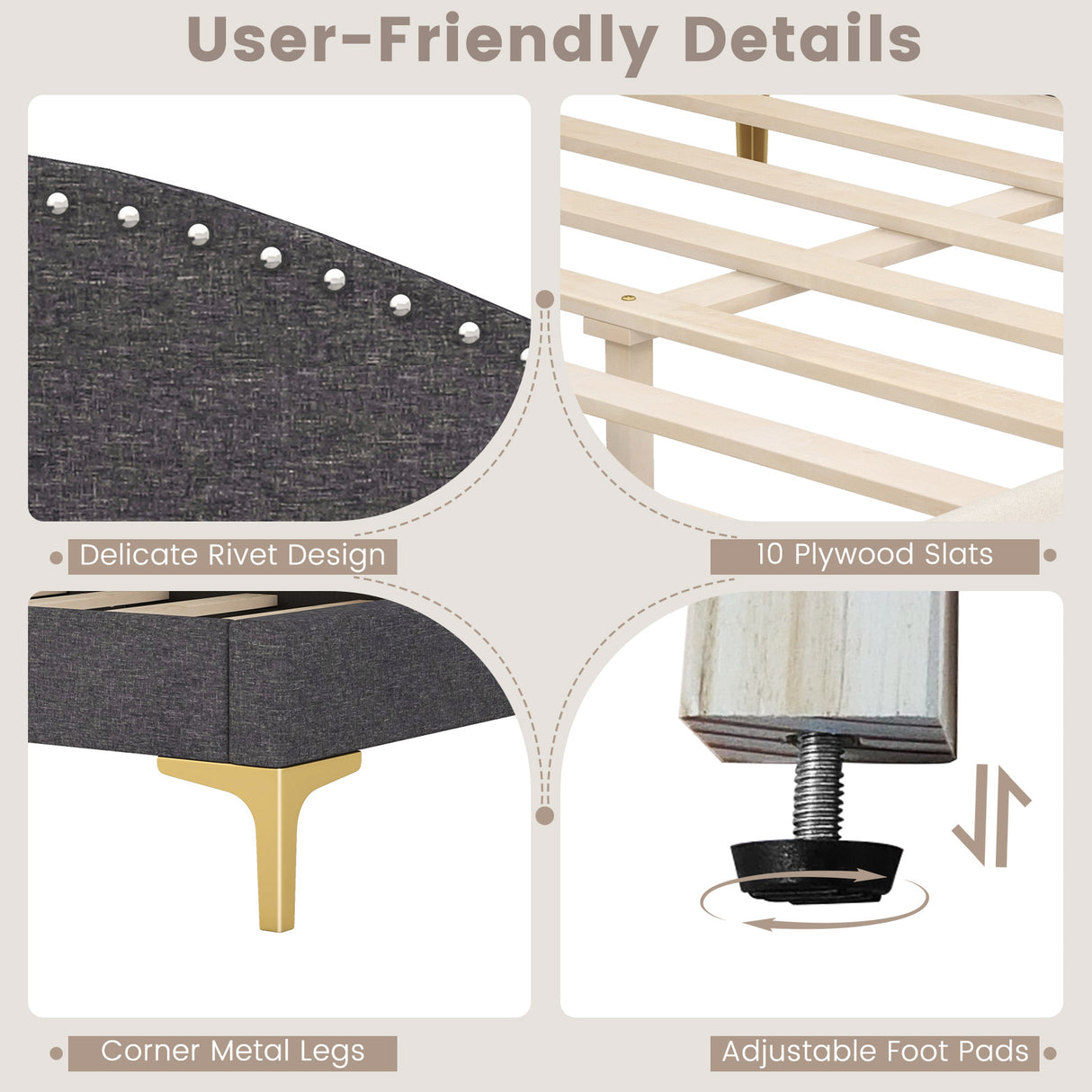 Full/Twin Size Rivet-Tufted Platform Bed with Metal Legs and Wood Slats