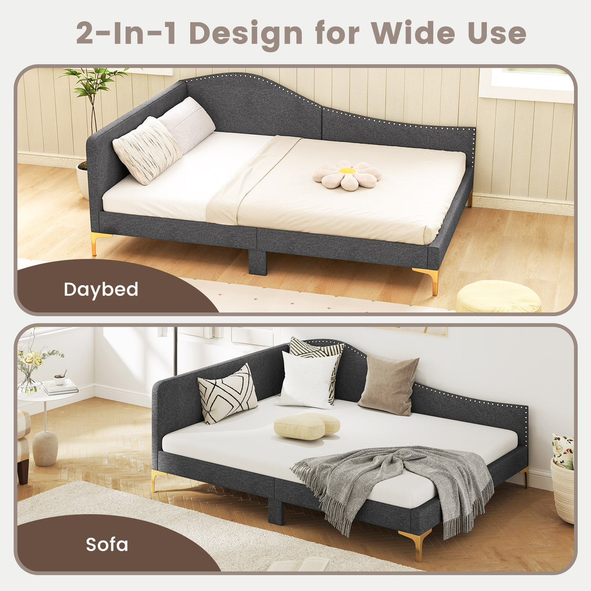 Full/Twin Size Rivet-Tufted Platform Bed with Metal Legs and Wood Slats