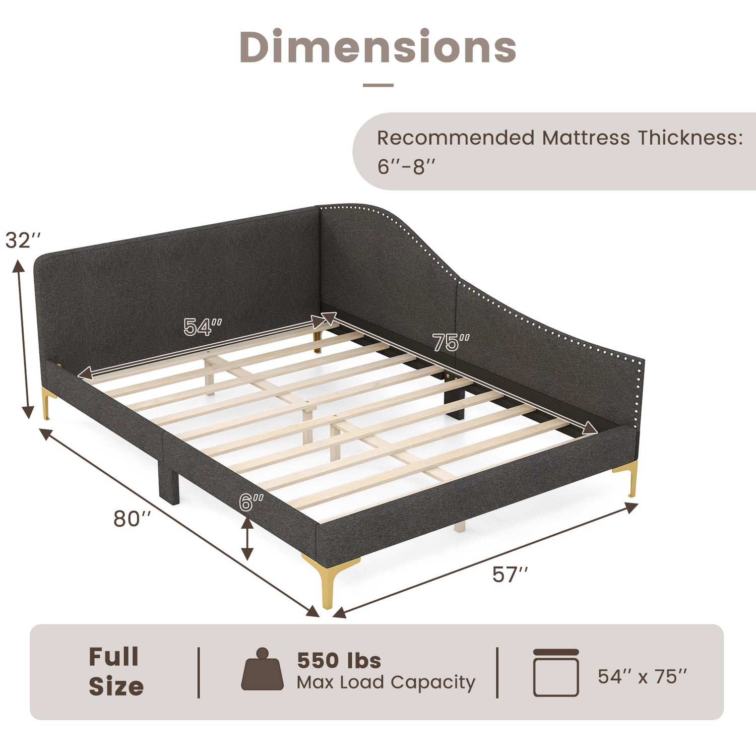 Full/Twin Size Rivet-Tufted Platform Bed with Metal Legs and Wood Slats