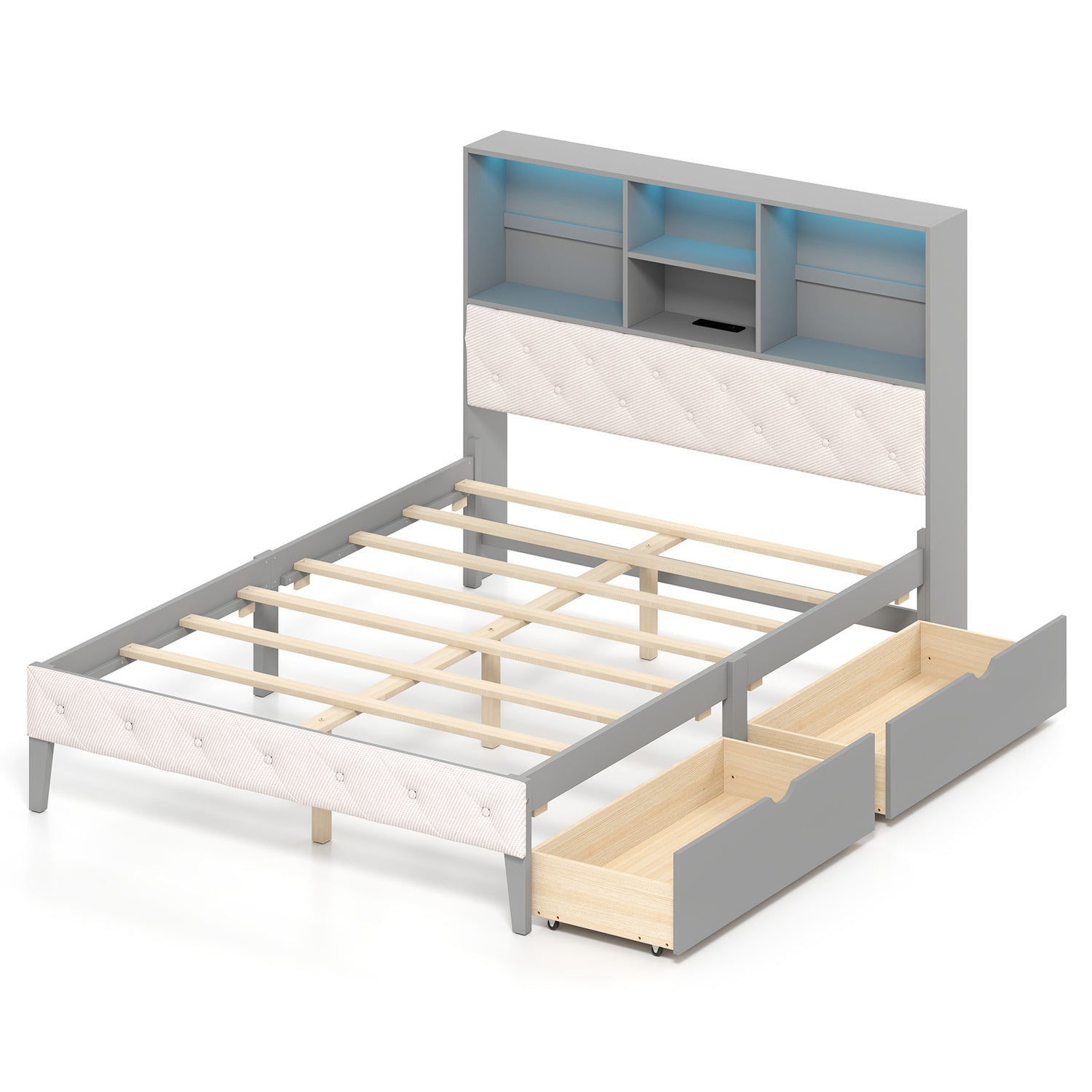 Full Size Bed Frame with Bookcase Headboard and LED Lights-Gray