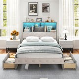 Full Size Bed Frame with Bookcase Headboard and LED Lights-Gray
