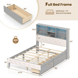 Full Size Bed Frame with Bookcase Headboard and LED Lights-Gray