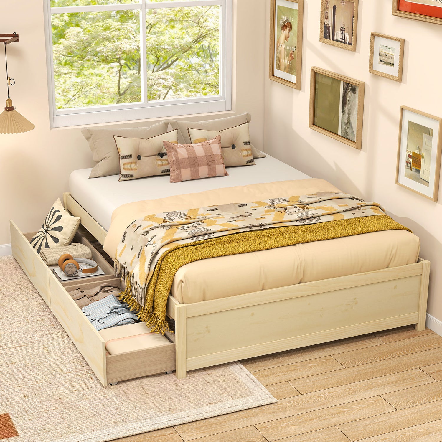 Full Size Wooden Bed Frame with 2 Rolling Storage Drawers