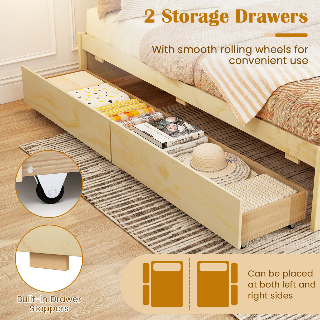 Full Size Wooden Bed Frame with 2 Rolling Storage Drawers