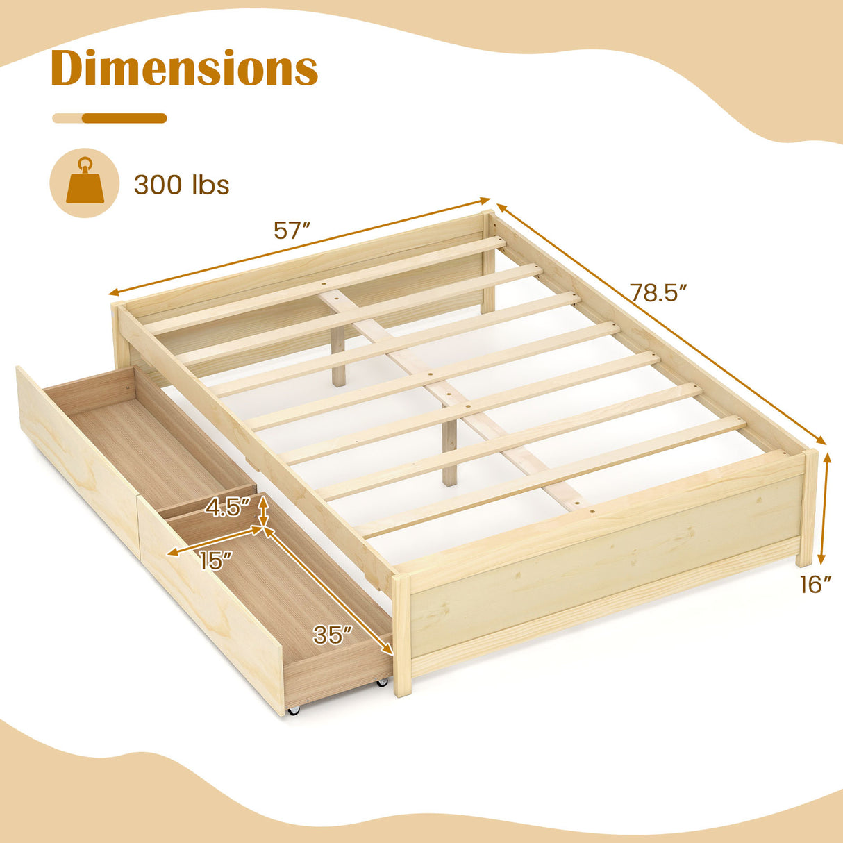Full Size Wooden Bed Frame with 2 Rolling Storage Drawers