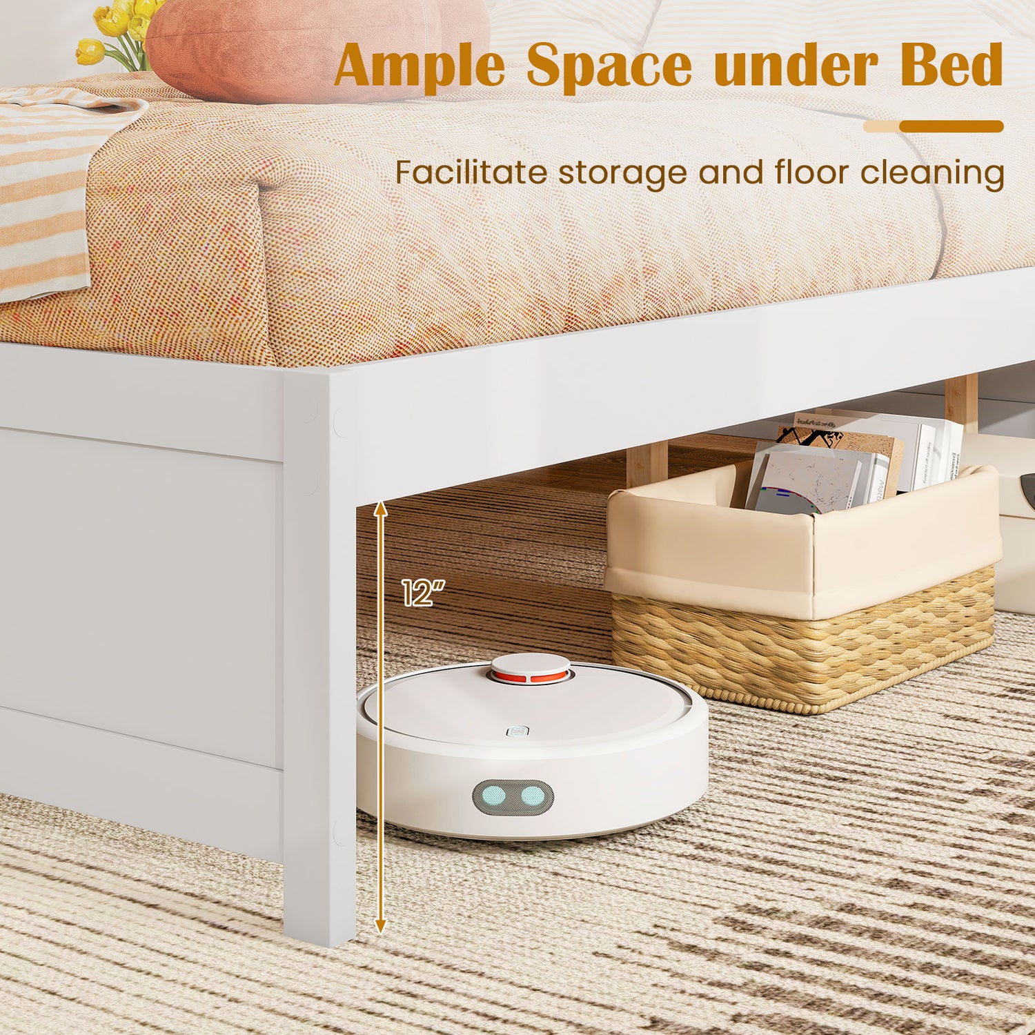 Full Size Wooden Bed Frame with 2 Rolling Storage Drawers