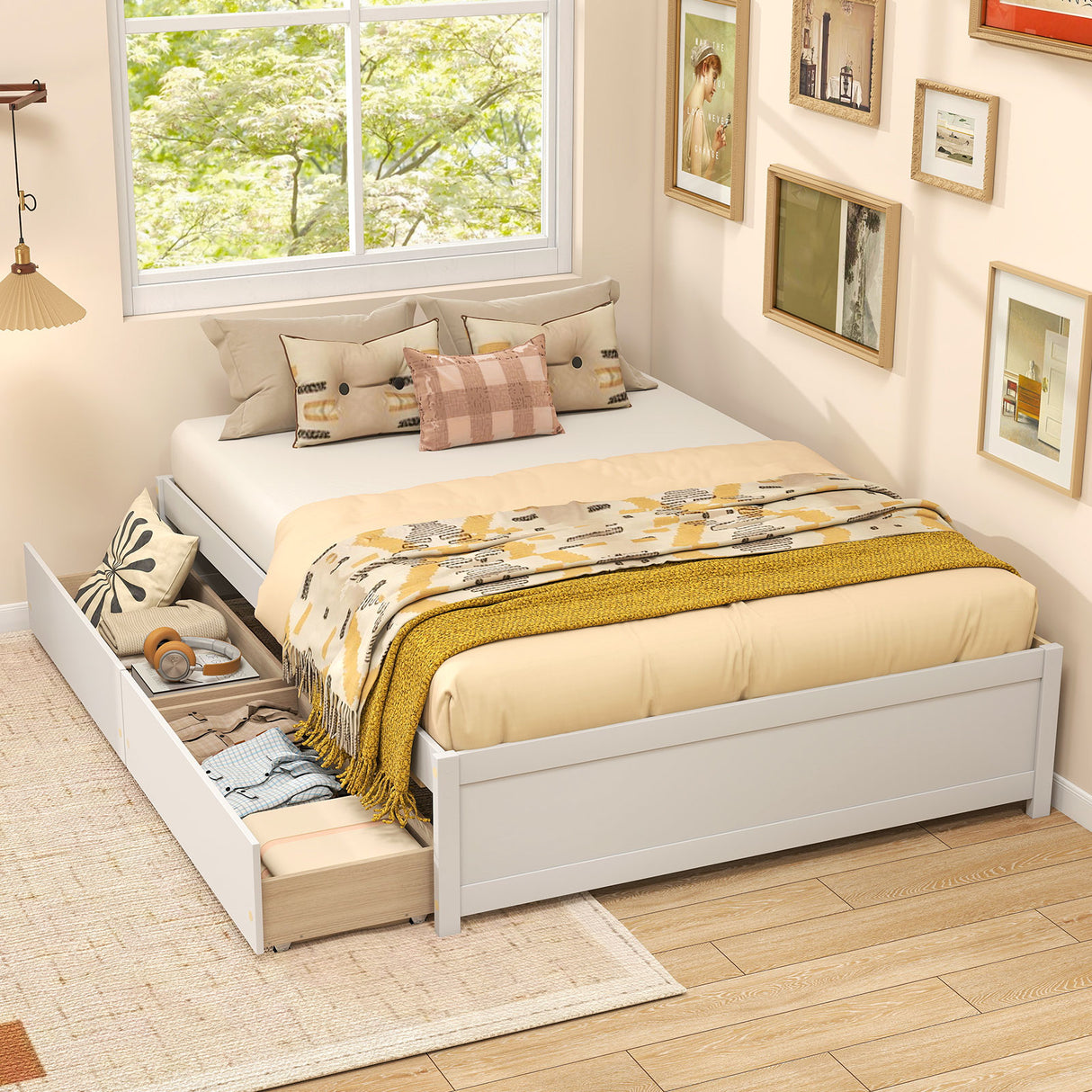 Full Size Wooden Bed Frame with 2 Rolling Storage Drawers