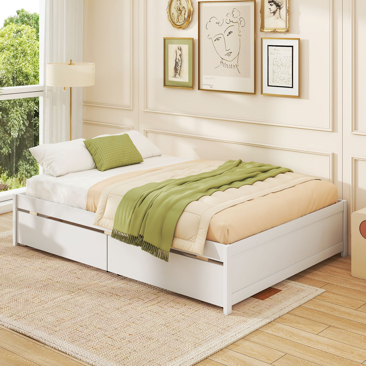 Full Size Wooden Bed Frame with 2 Rolling Storage Drawers