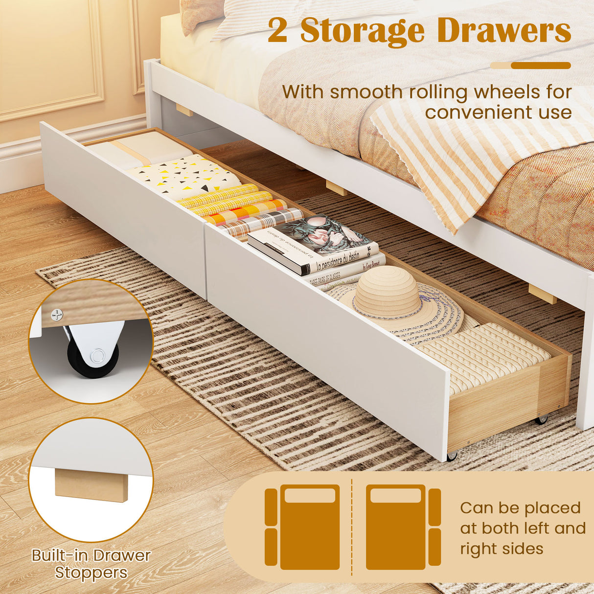 Full Size Wooden Bed Frame with 2 Rolling Storage Drawers