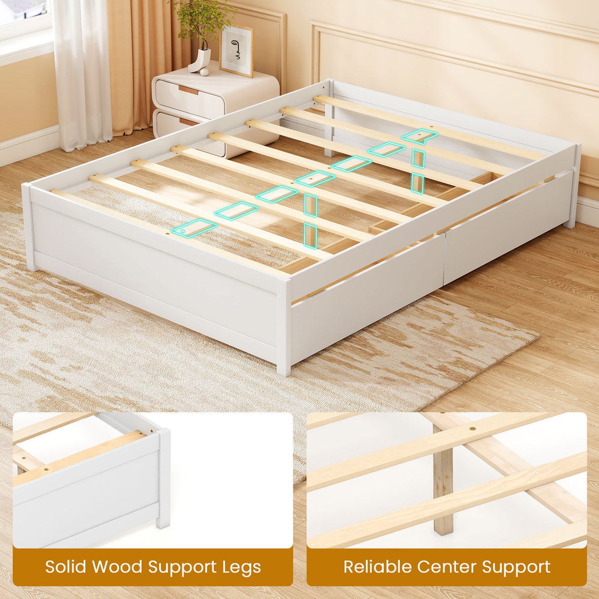 Full Size Wooden Bed Frame with 2 Rolling Storage Drawers
