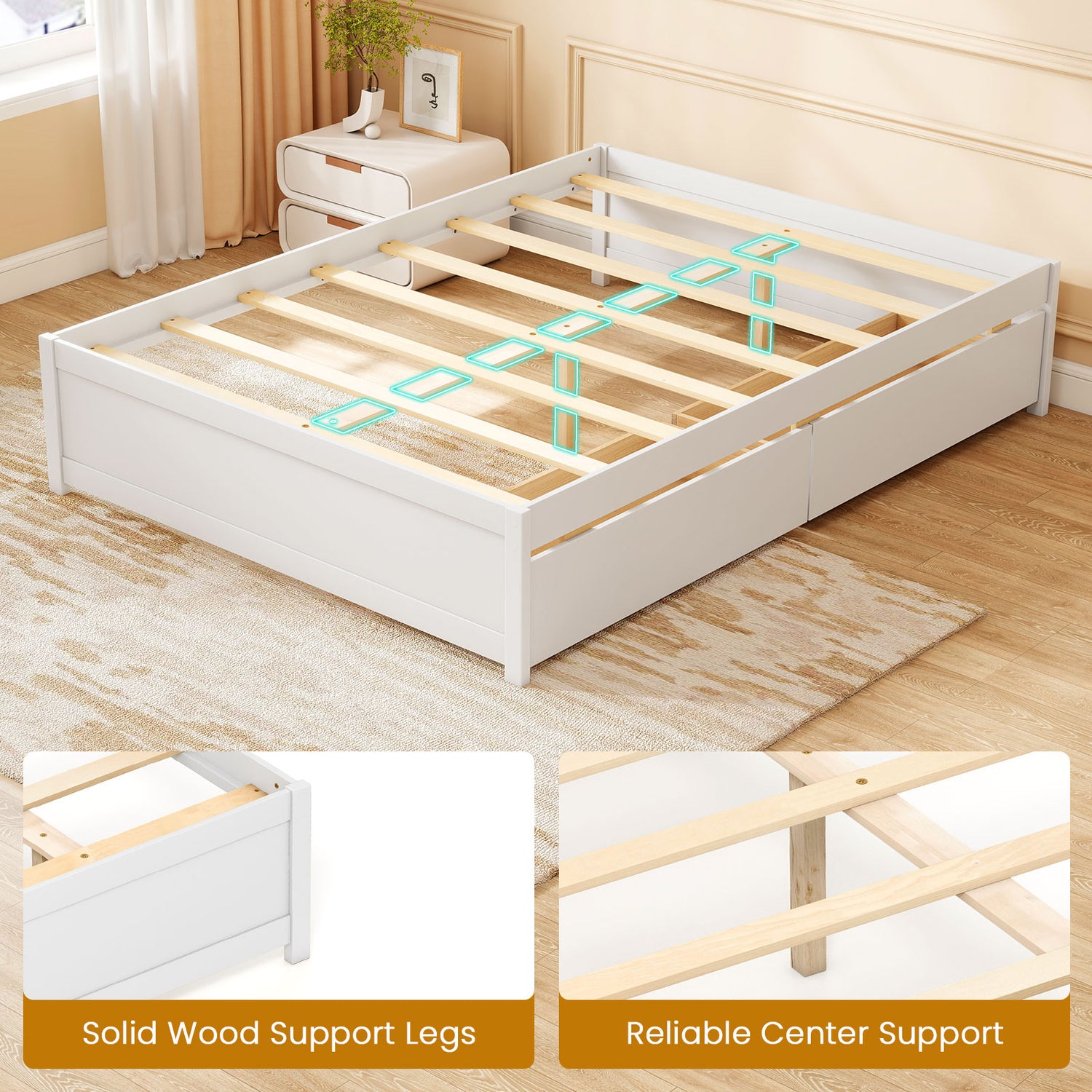 Full Size Wooden Bed Frame with 2 Rolling Storage Drawers