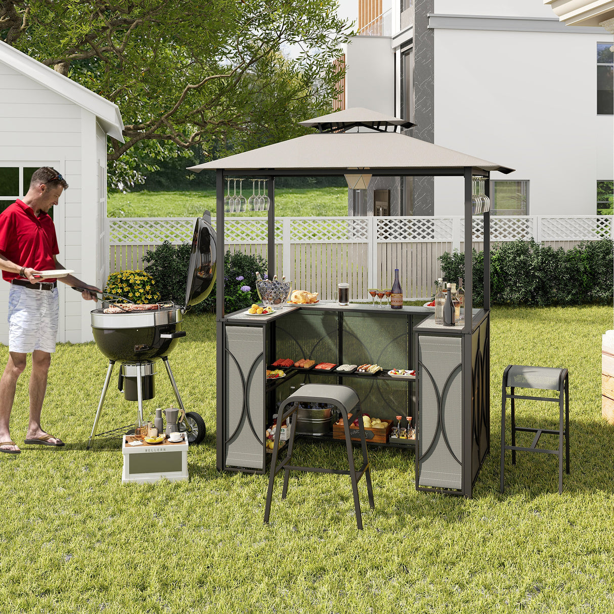 3-Piece Patio Bar Set Grill Gazebo & 2 Bar Stools with Tempered Glass Bar Table