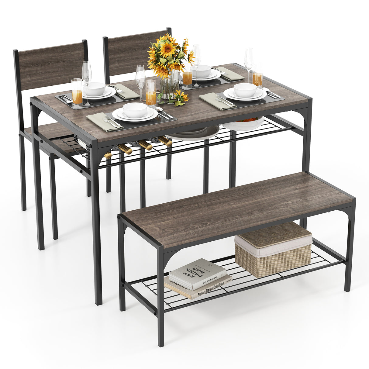 Industrial Style Rectangular Kitchen Table with Bench and Chairs