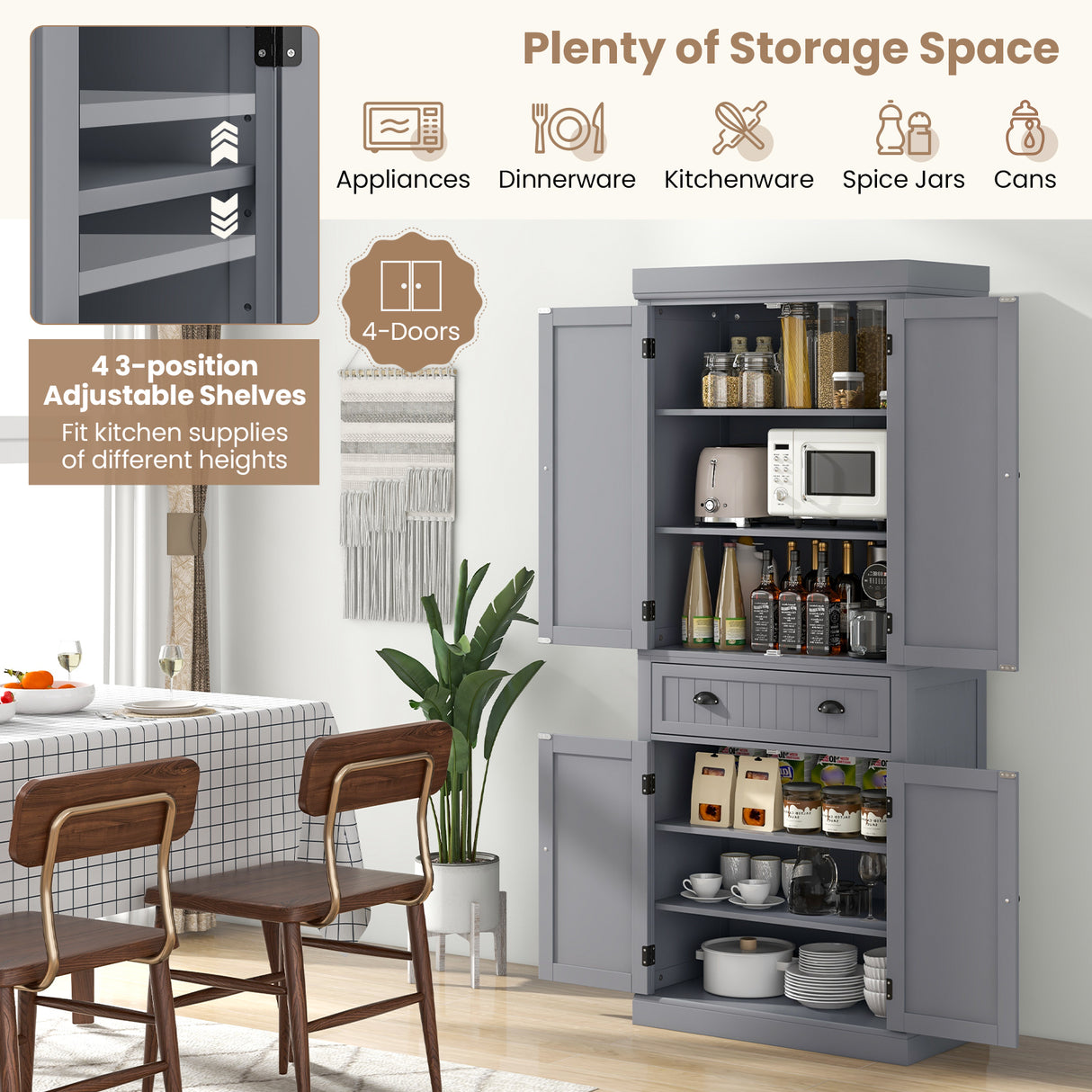 Cupboard Freestanding Kitchen Cabinet w/ Adjustable Shelves