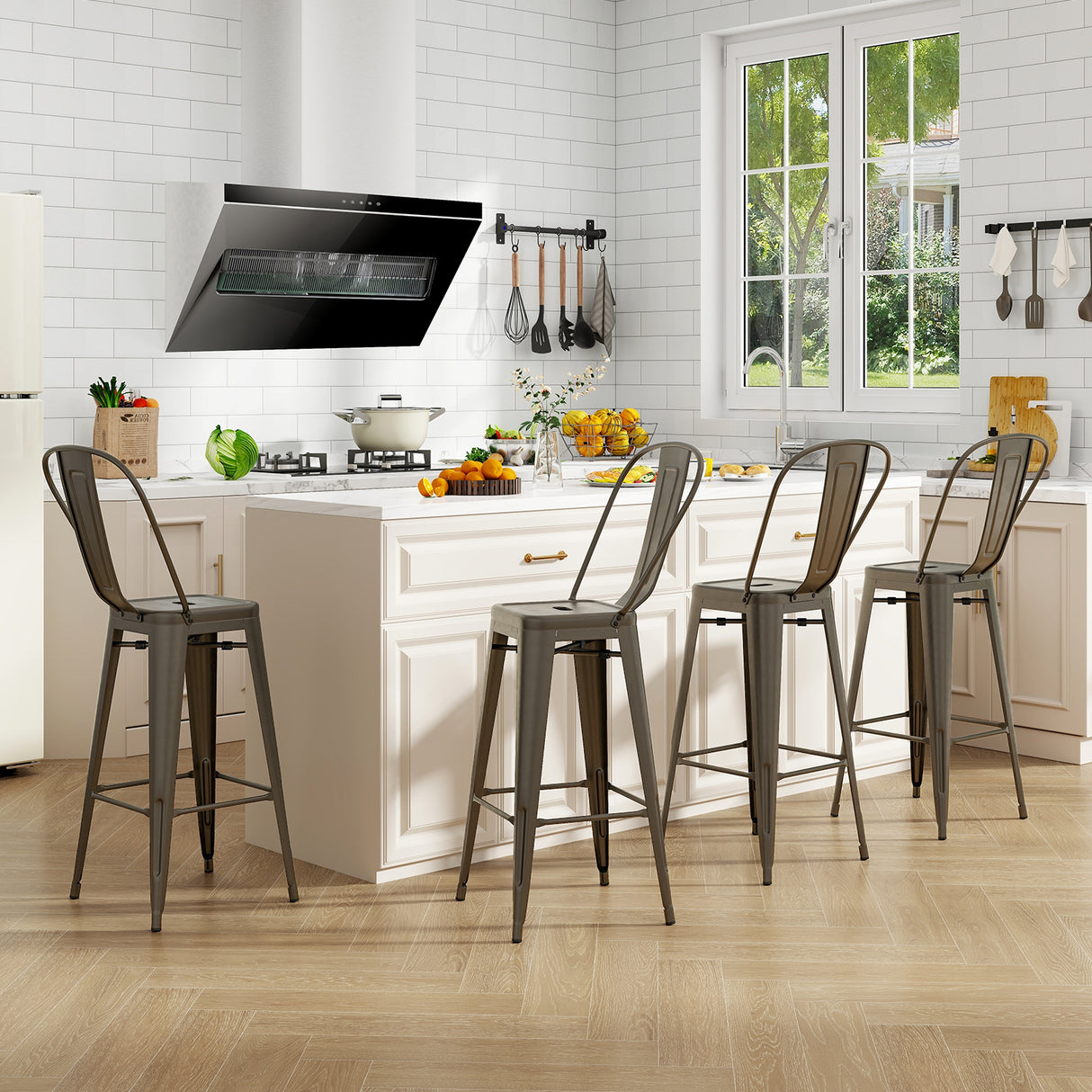 Set of 4 Bar Height Chairs Stackable Metal Bar Stools with Removable Backrest