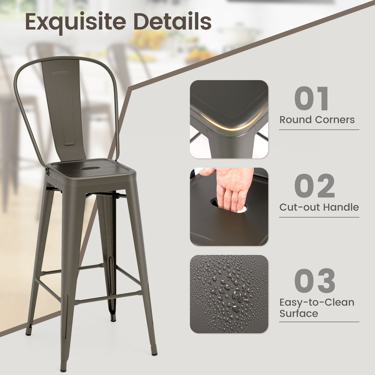 Set of 4 Bar Height Chairs Stackable Metal Bar Stools with Removable Backrest
