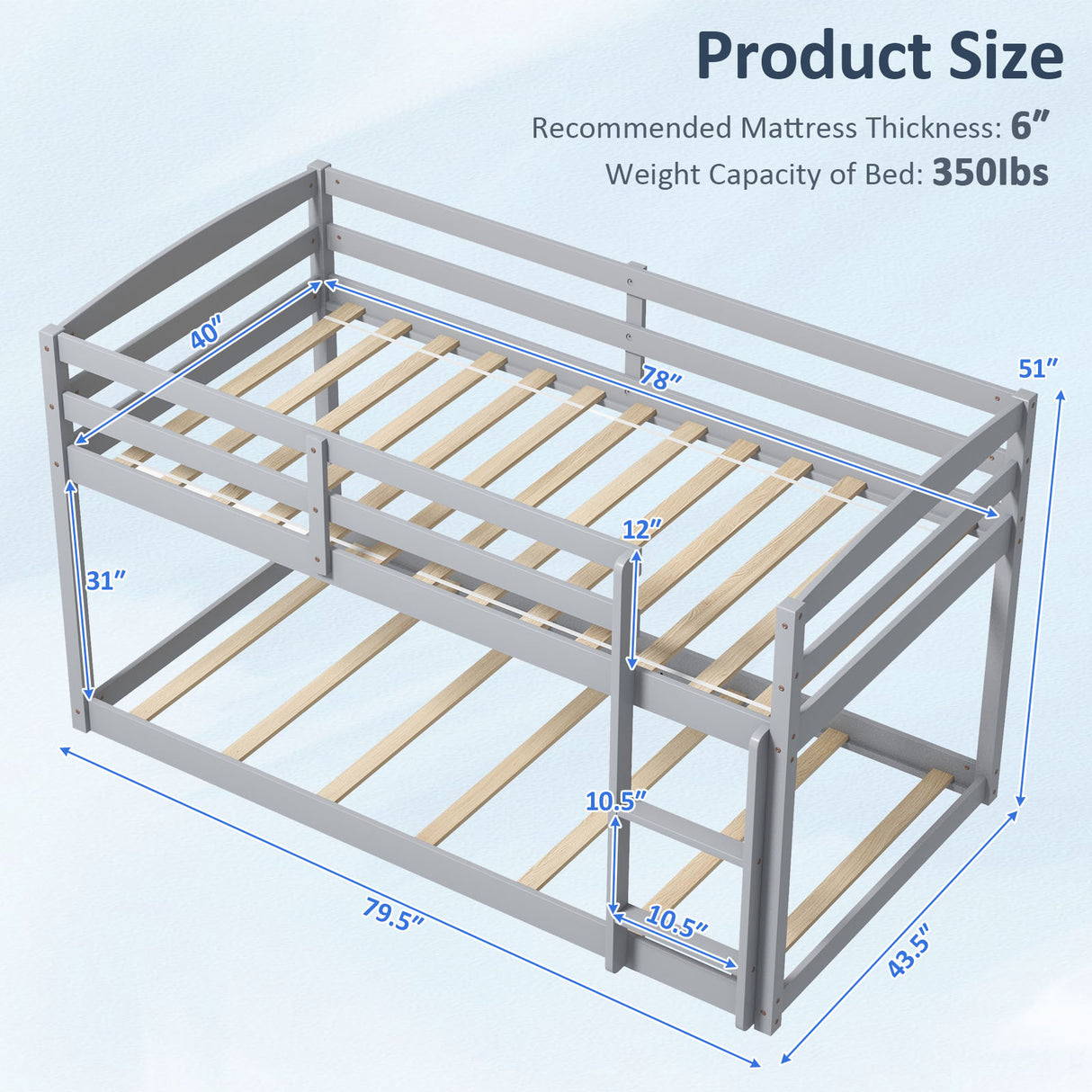 Twin Size Bunk Bed with High Guardrails and Integrated Ladder