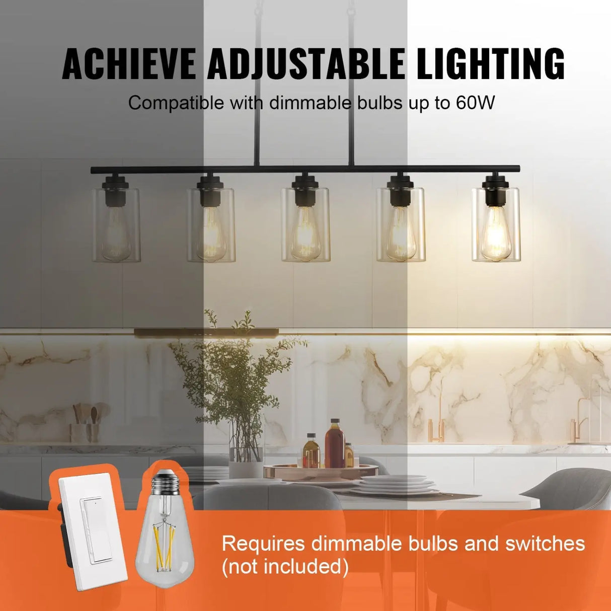 Hanging Pendant Lights for Kitchen Island with 5-Lights & Adjustable Design