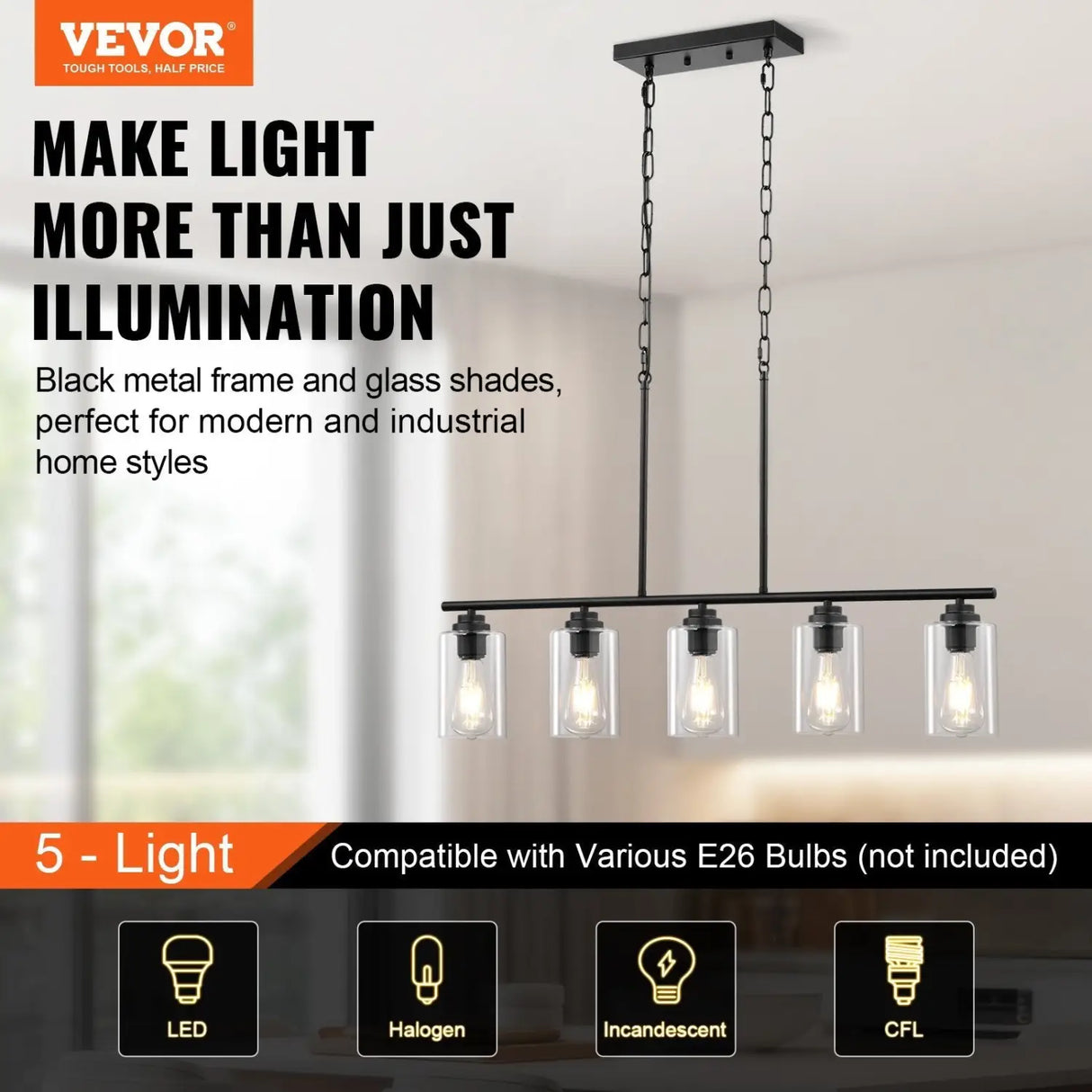 Hanging Pendant Lights for Kitchen Island with 5-Lights & Adjustable Design