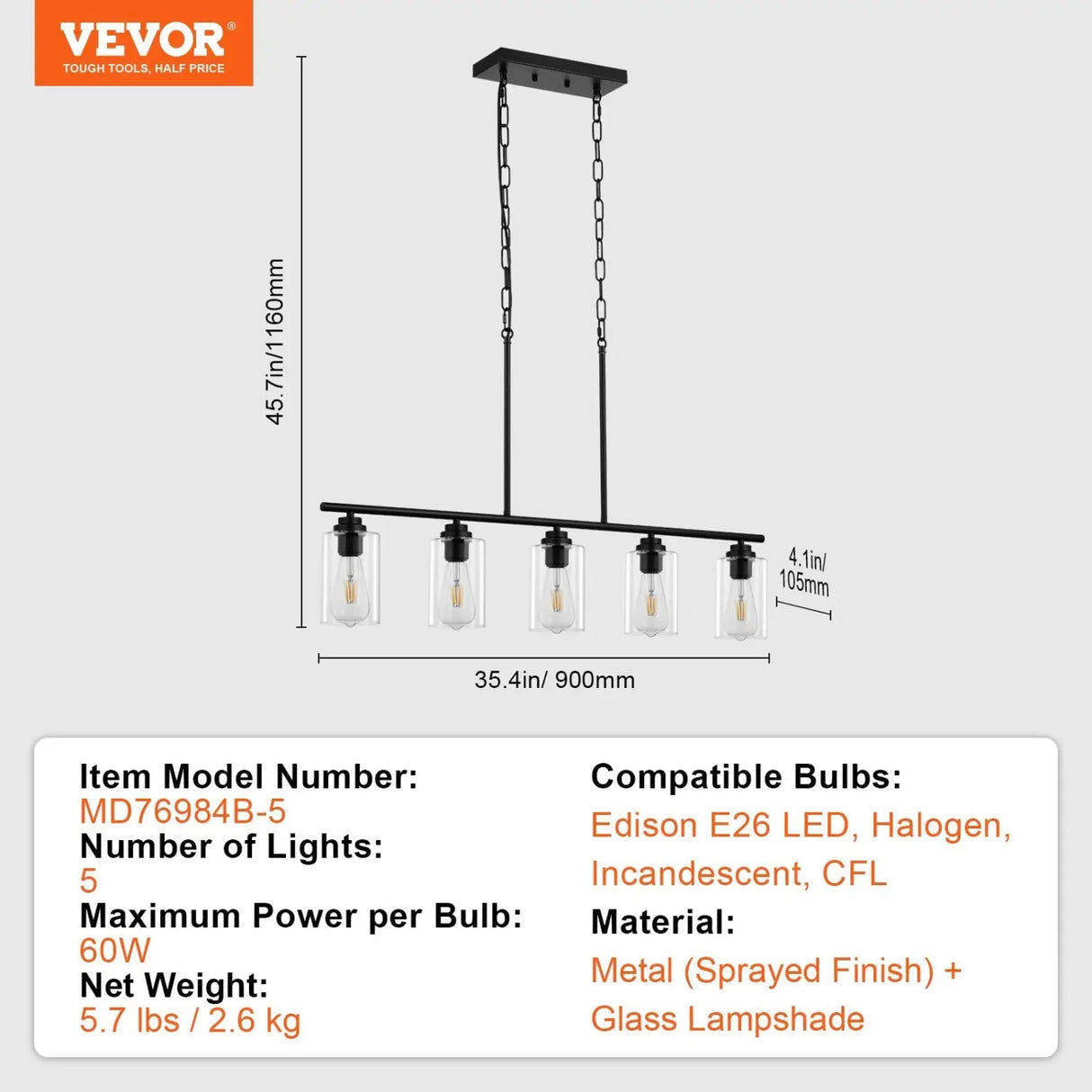 Hanging Pendant Lights for Kitchen Island with 5-Lights & Adjustable Design