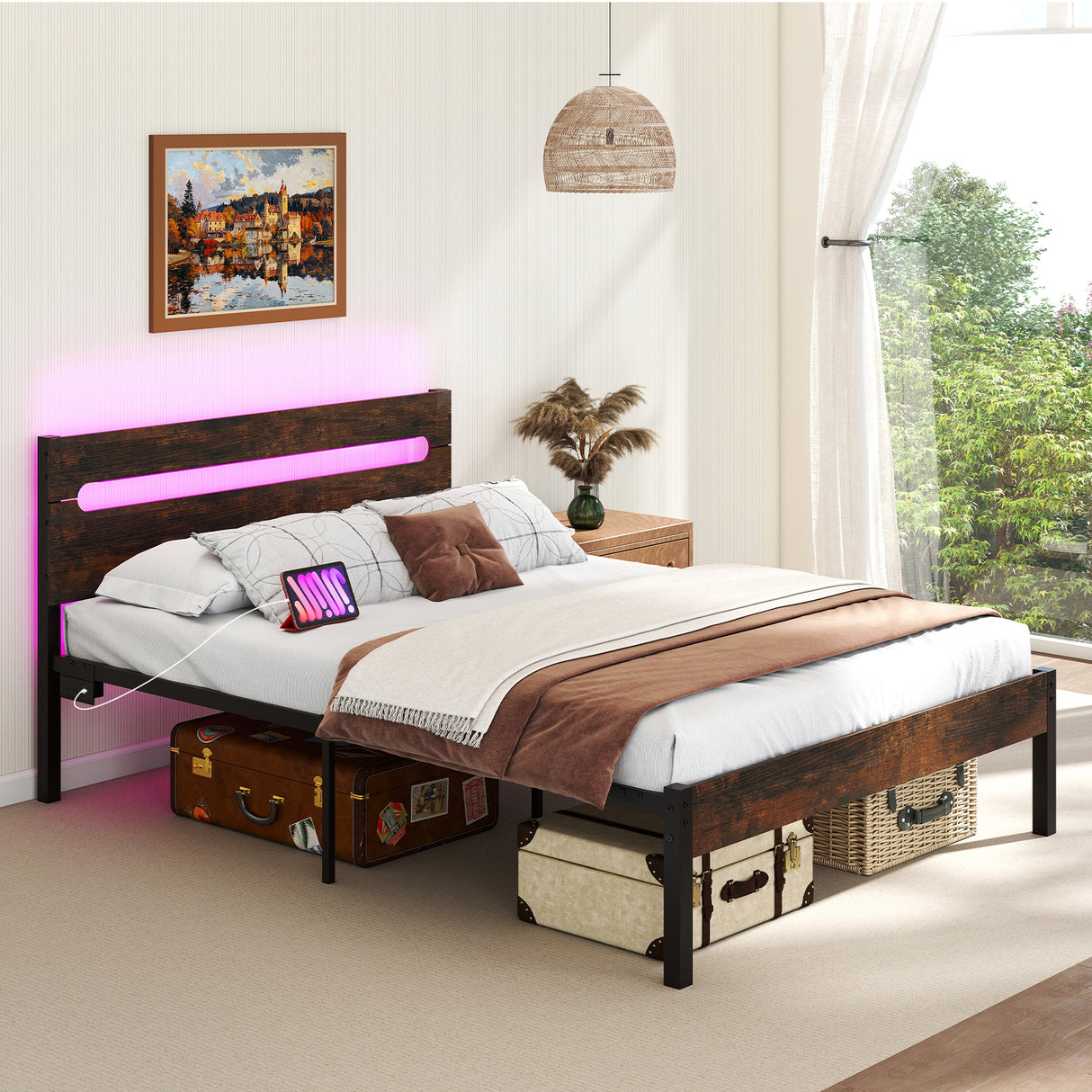 Heavy-Duty Metal Slats Support Bed Platform with Charging Station