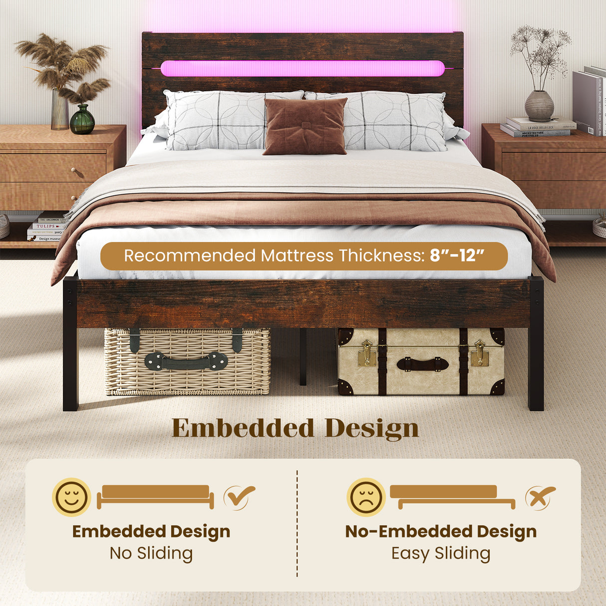 Heavy-Duty Metal Slats Support Bed Platform with Charging Station