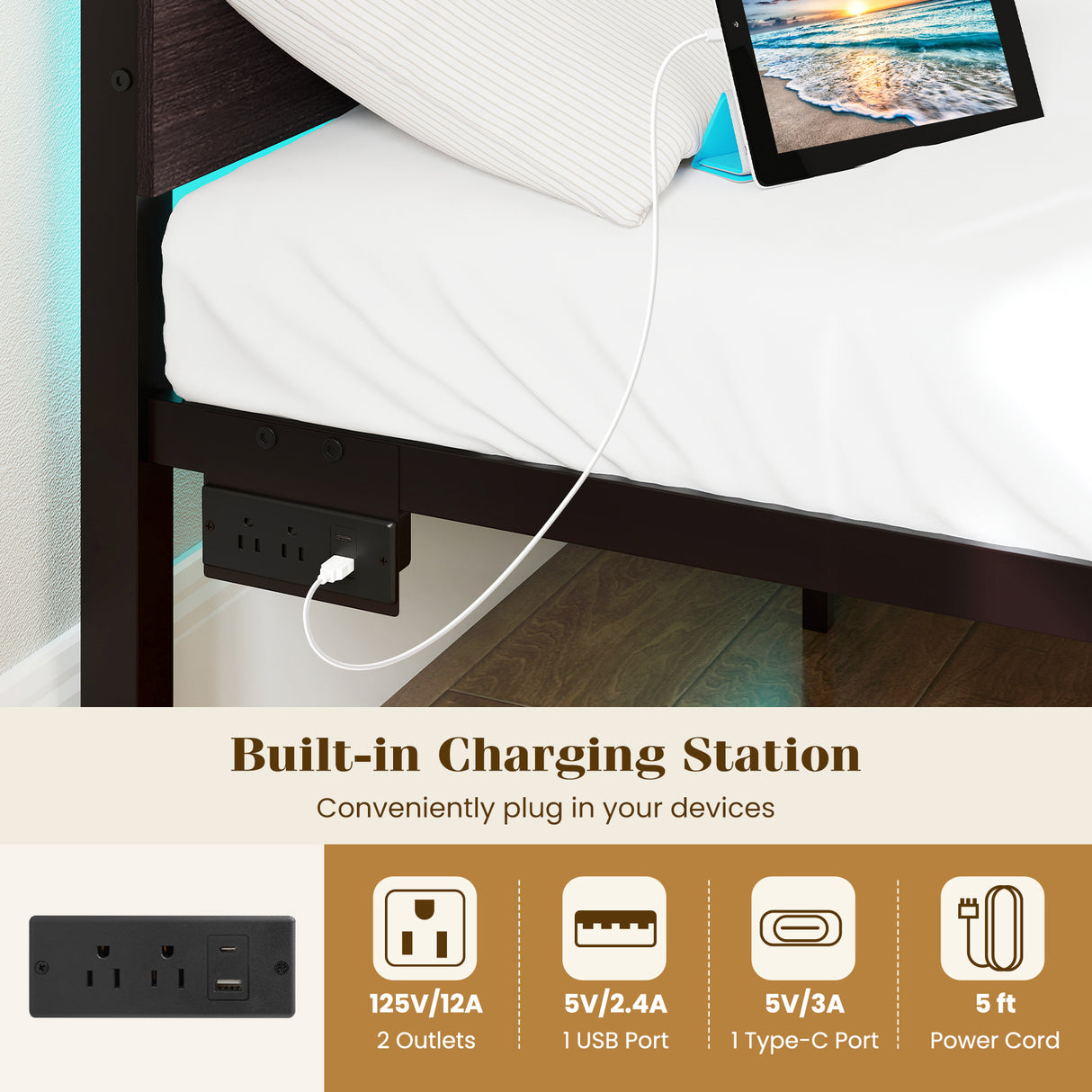 Heavy-Duty Metal Slats Support Bed Platform with Charging Station