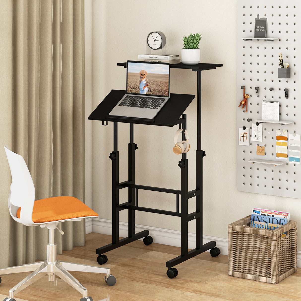 Height-adjustable Mobile Standing Desk with Split Top and Adjustable Angle