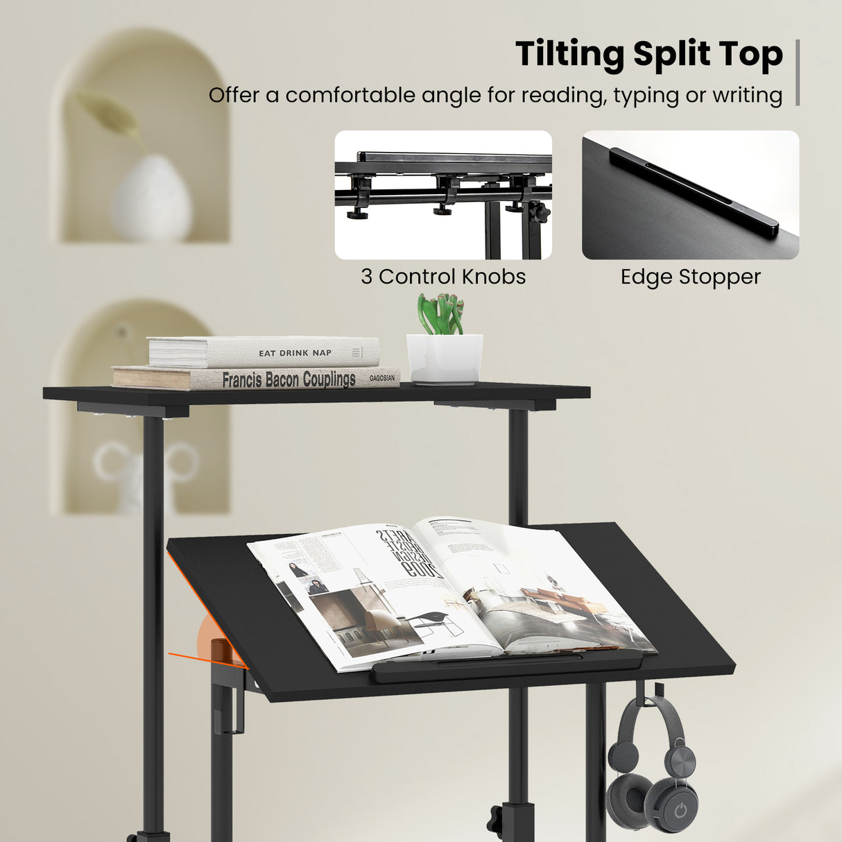 Height-adjustable Mobile Standing Desk with Split Top and Adjustable Angle