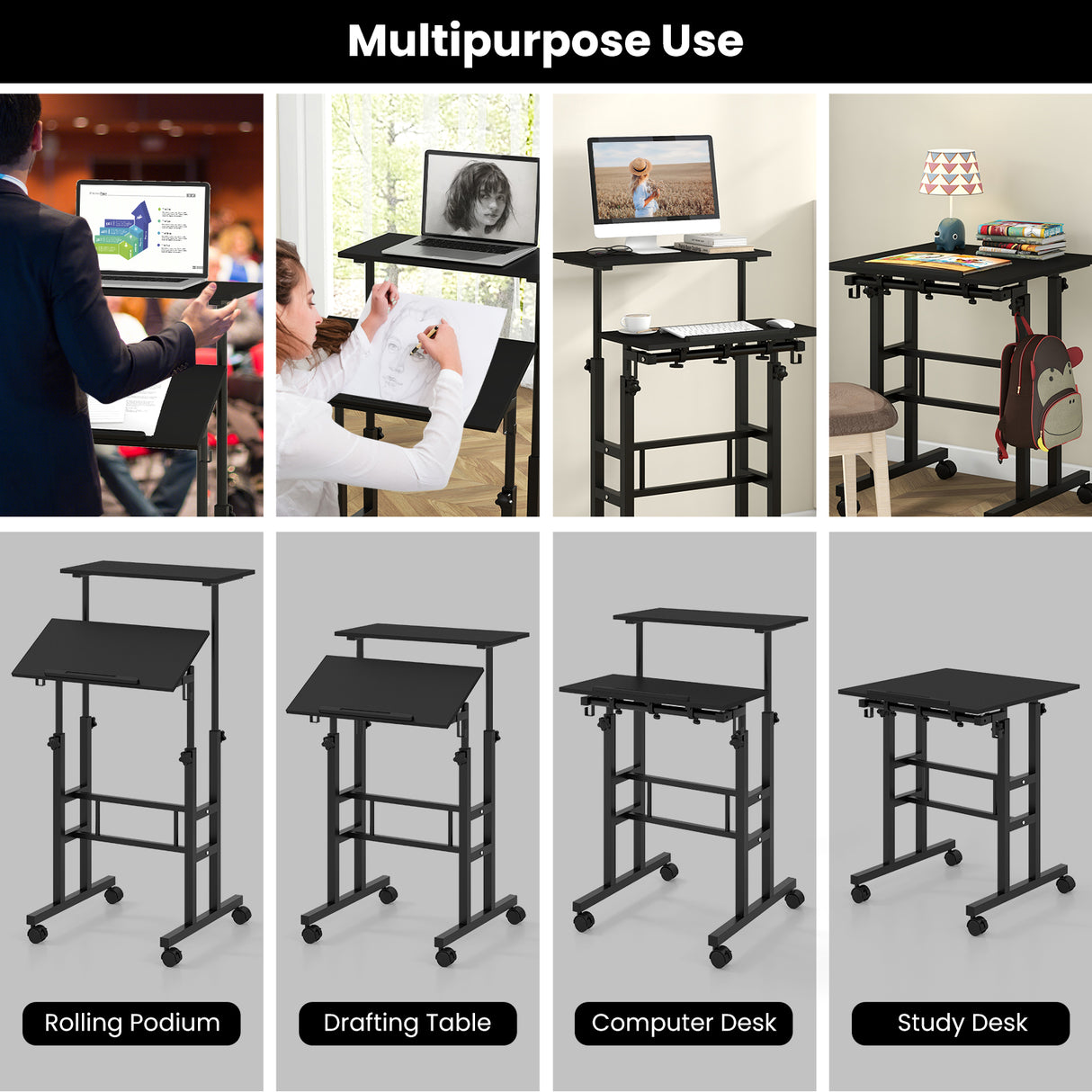 Height-adjustable Mobile Standing Desk with Split Top and Adjustable Angle
