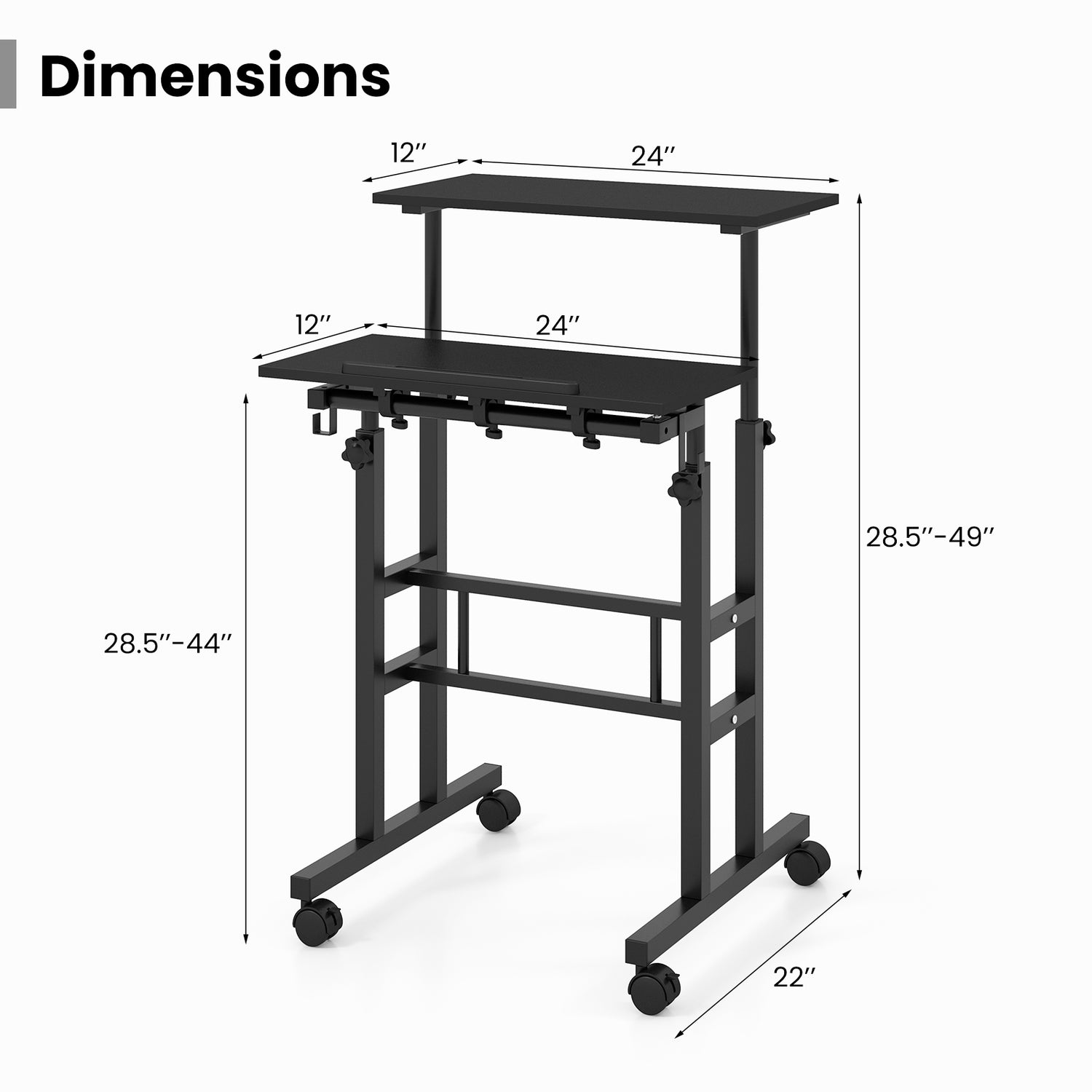 Height-adjustable Mobile Standing Desk with Split Top and Adjustable Angle