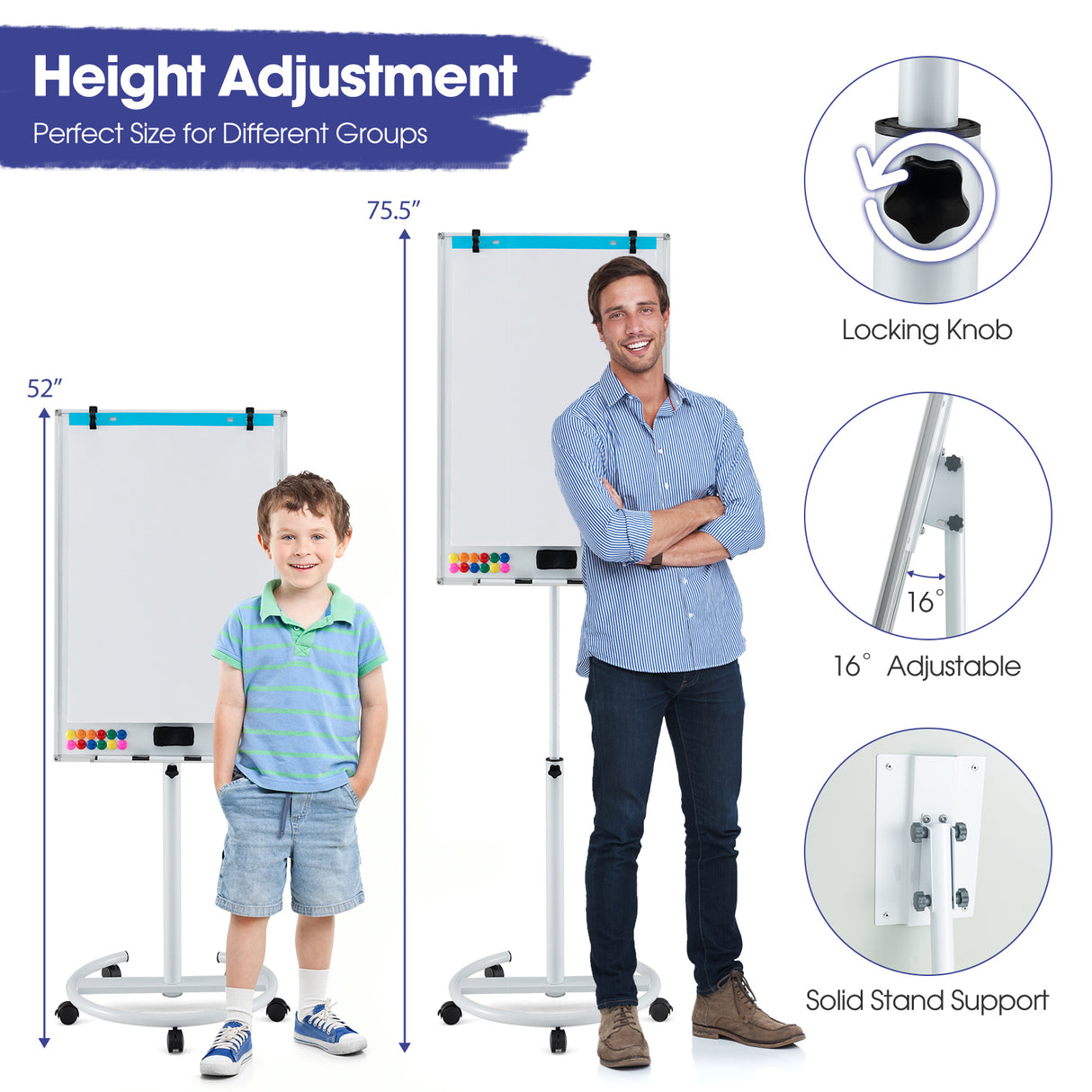 Height-Adjustable Mobile Whiteboard with Round Stand Paper Clips