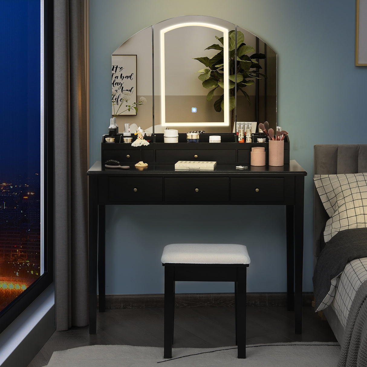 Vanity Table Stool Set with Large Tri-folding Lighted Mirror