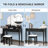 Vanity Table Stool Set with Large Tri-folding Lighted Mirror