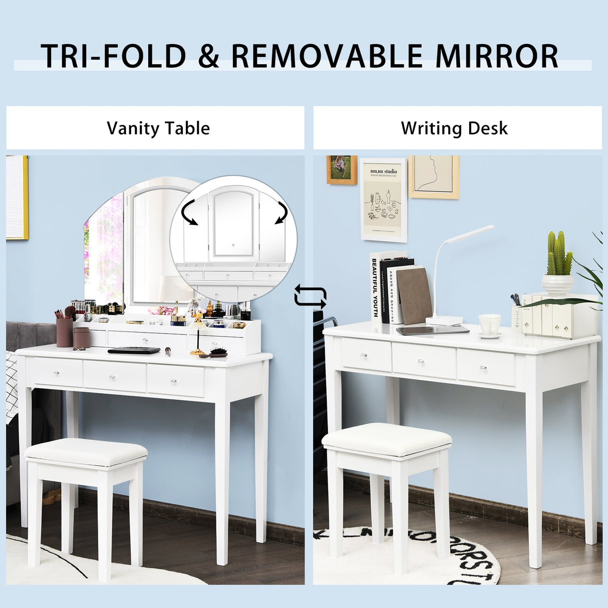 Vanity Table Stool Set with Large Tri-folding Lighted Mirror