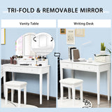 Vanity Table Stool Set with Large Tri-folding Lighted Mirror