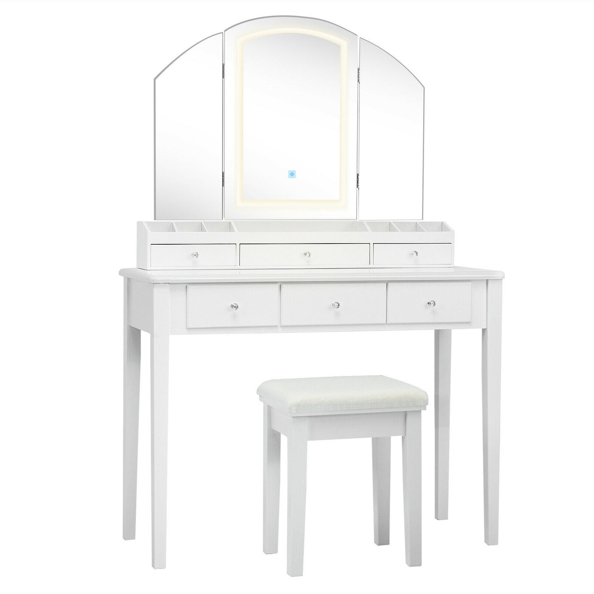 Vanity Table Stool Set with Large Tri-folding Lighted Mirror