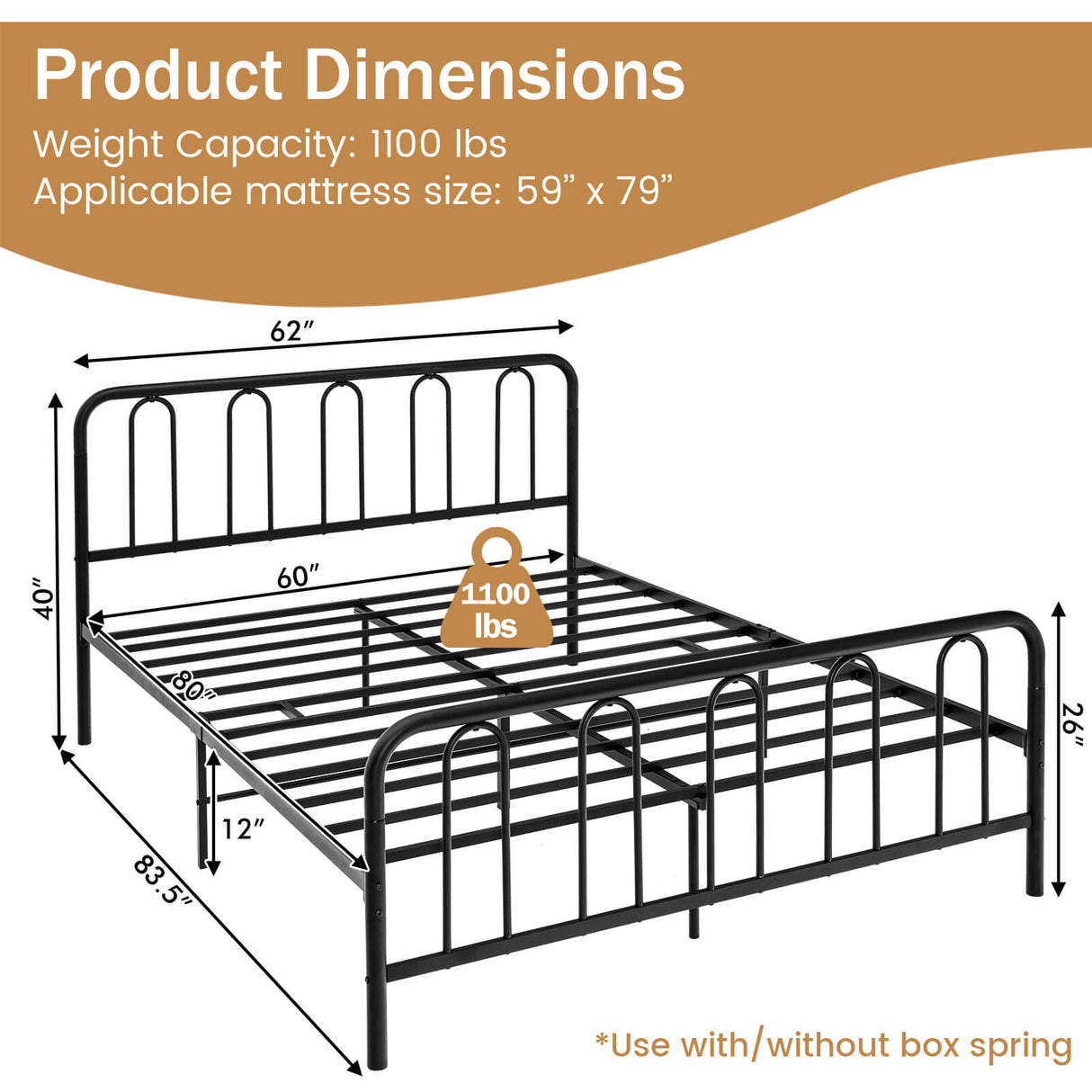 Full/Queen Size Metal Bed Frame with Headboard and Footboard