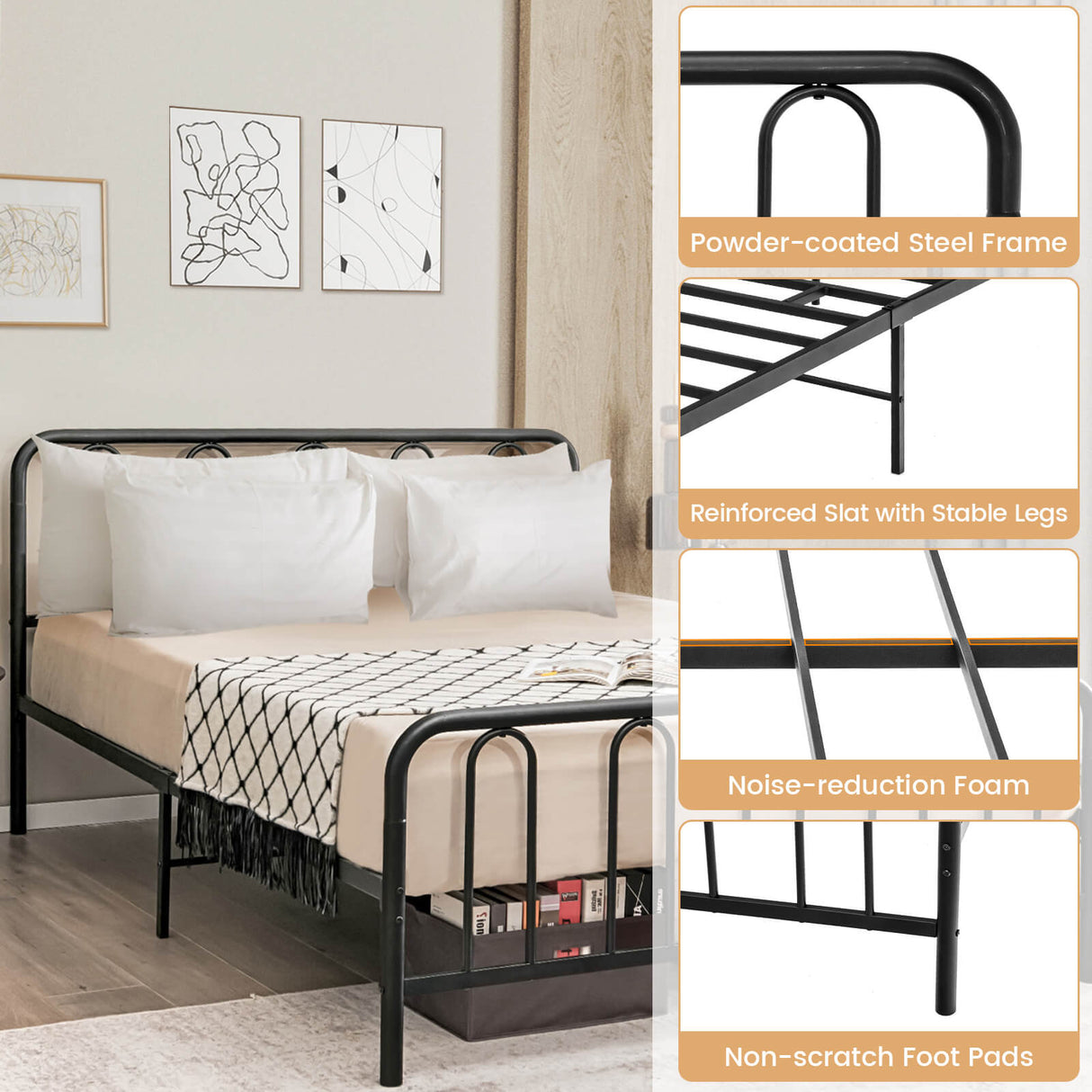 Full/Queen Size Metal Bed Frame with Headboard and Footboard